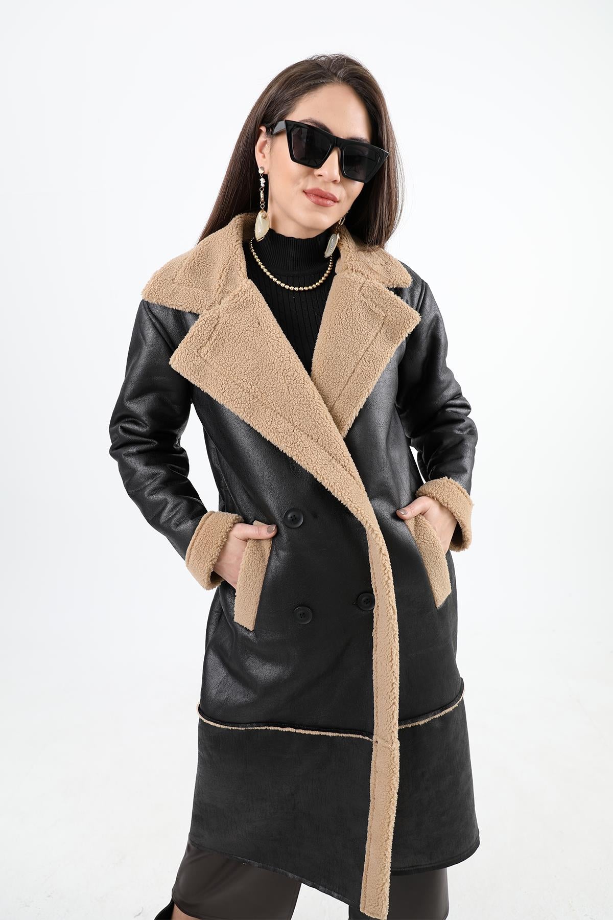 Women's Coat Double Breasted Collar Inside Plush Pocket Suede Long - Black-Camel - STREETMODE™