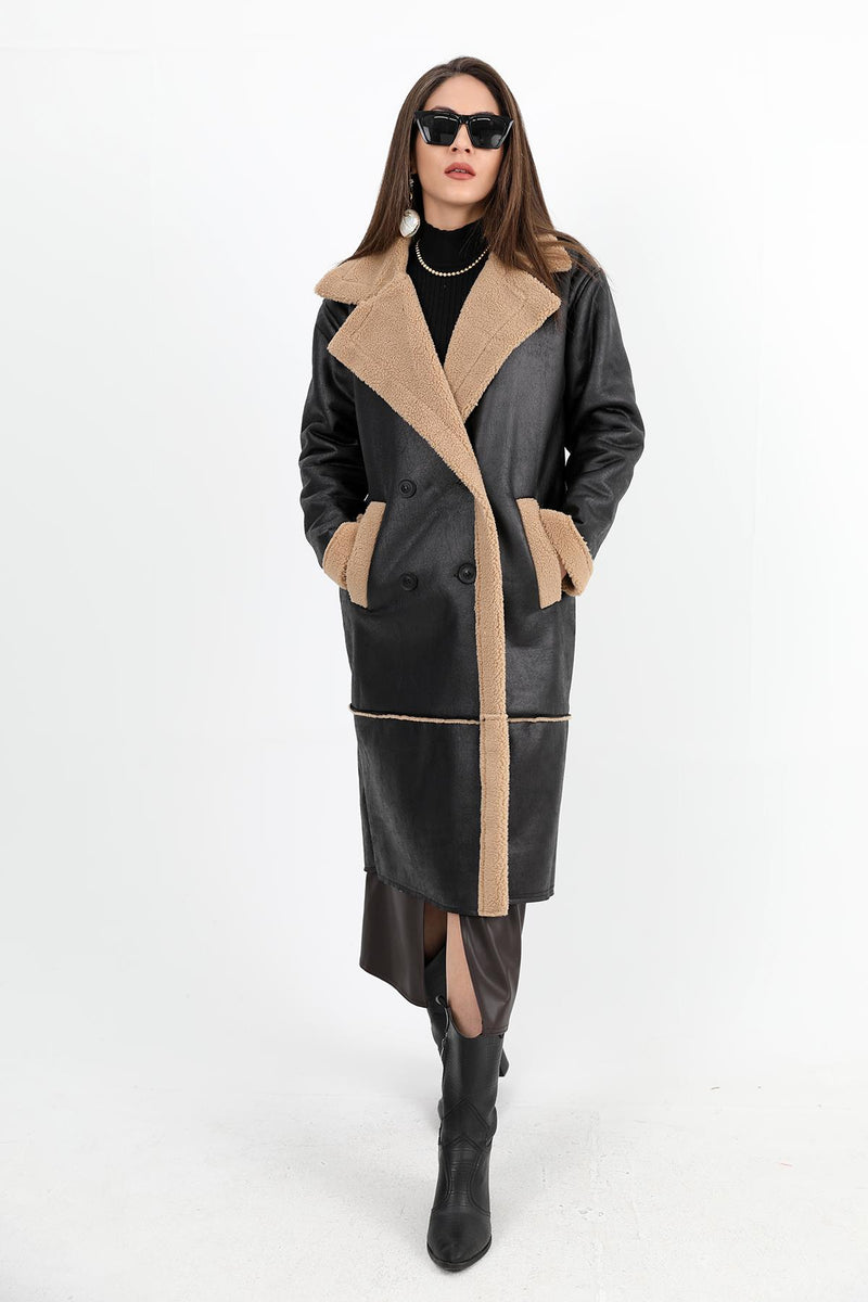 Women's Coat Double Breasted Collar Inside Plush Pocket Suede Long - Black-Camel - STREETMODE™