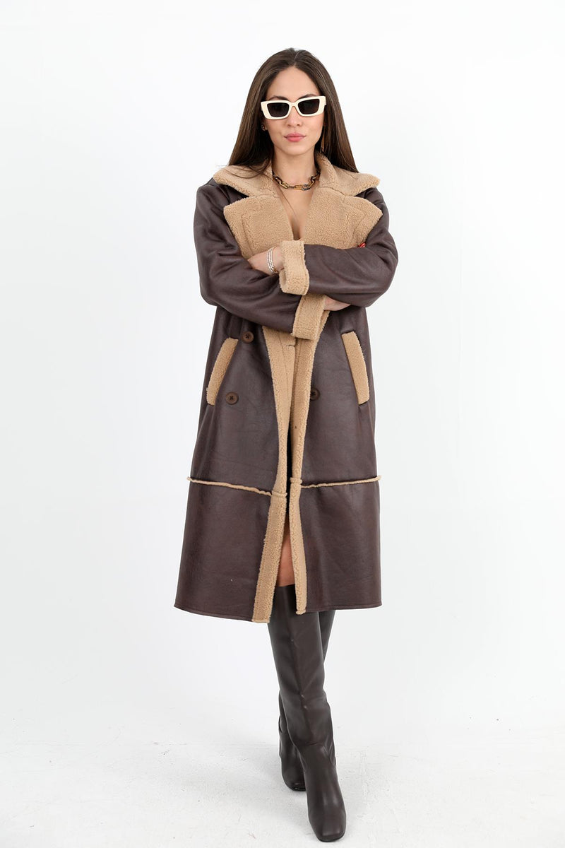 Women's Coat Double Breasted Collar Inside Plush Pockets Suede Long - Brown - STREETMODE™