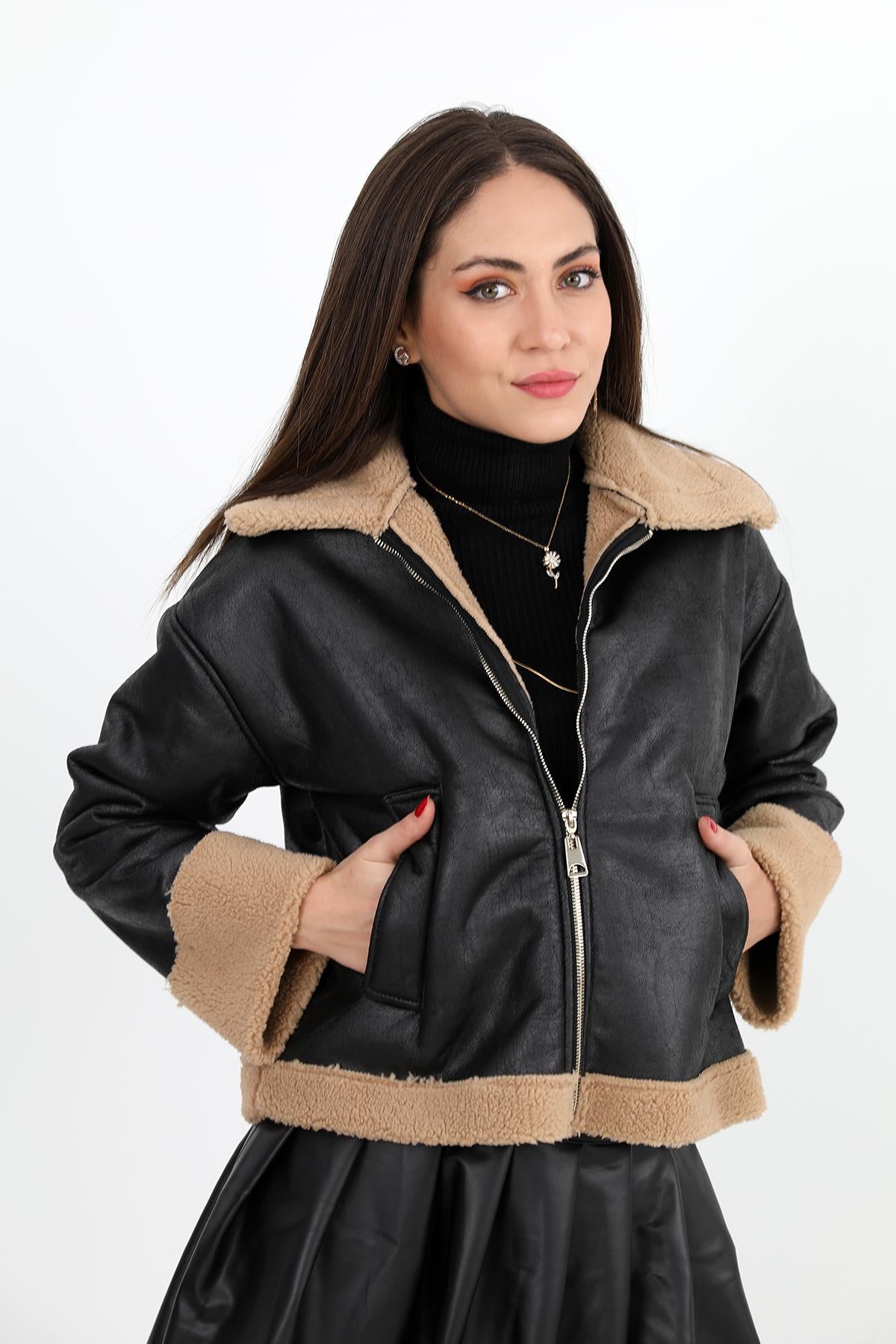 Women's Coat Sleeve Folded Suede Plush - Black - STREETMODE™