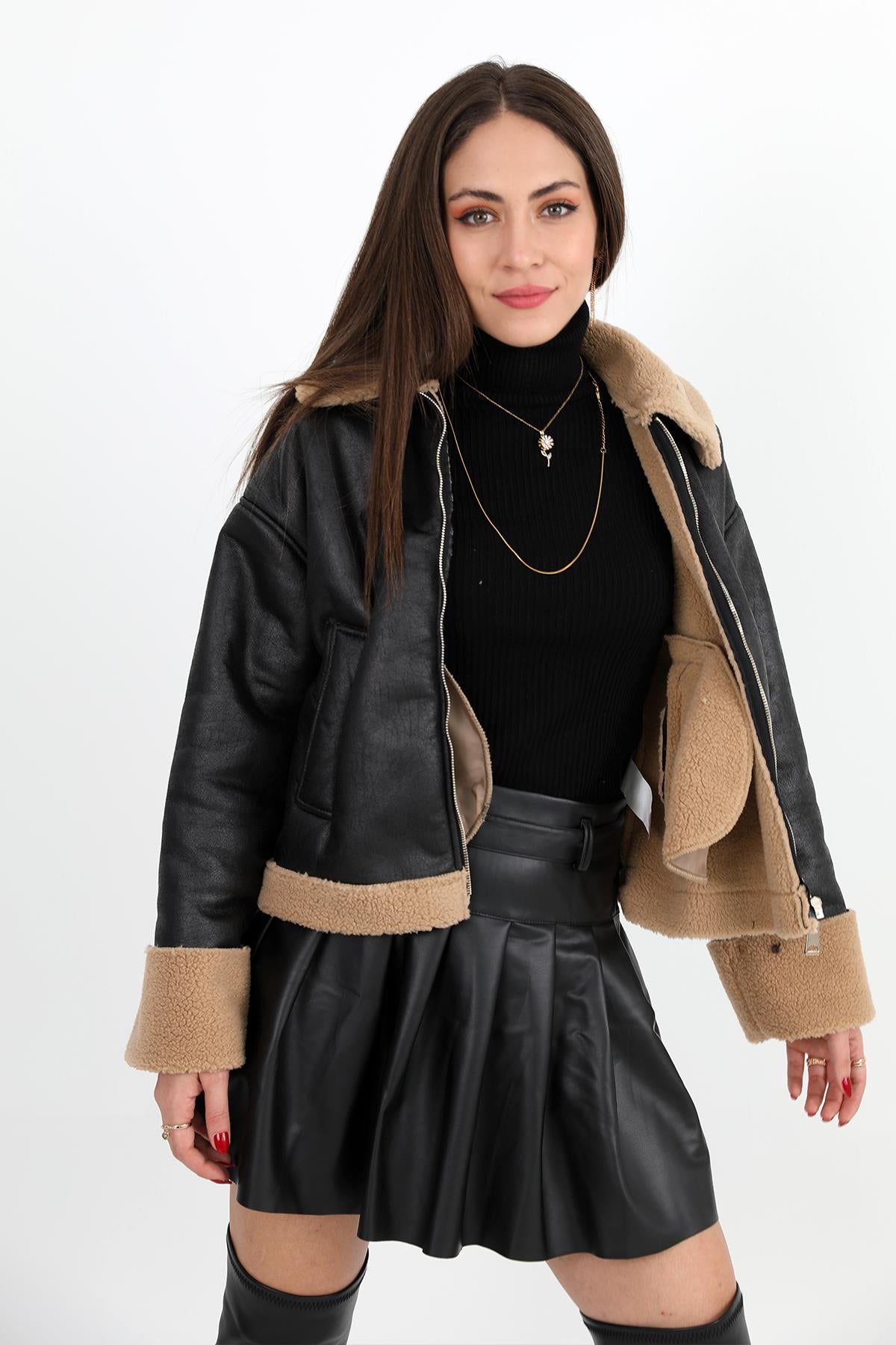 Women's Coat Sleeve Folded Suede Plush - Black - STREETMODE™