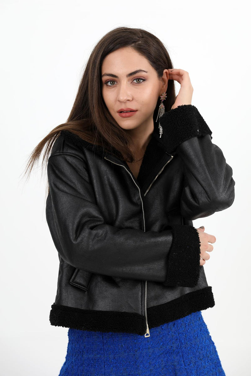 Women's Coat Sleeve Folded Suede Plush - Black-Black - STREETMODE™