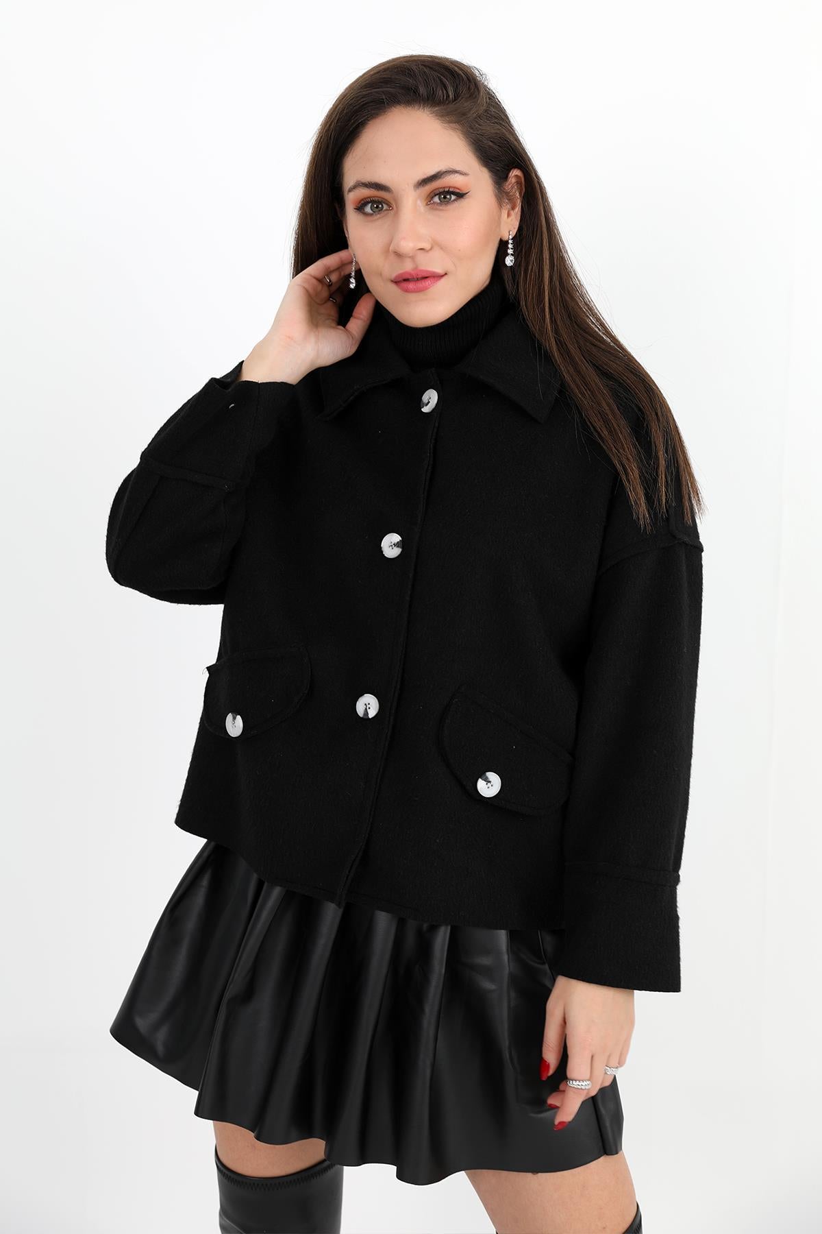 Women's Coat with Pocket Cover Buttons Short Stash - Black - STREETMODE™