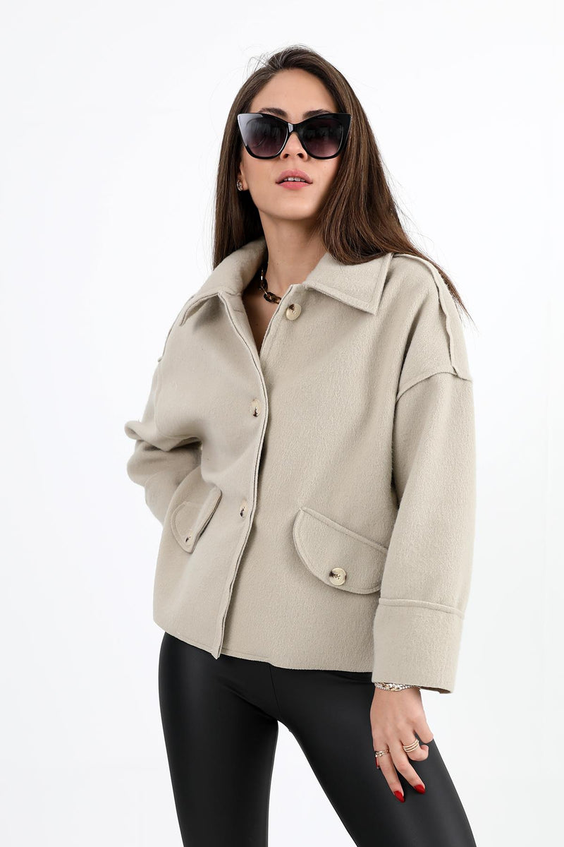 Women's Coat with Pocket Cover Buttons Short Stash - Stone - STREETMODE™