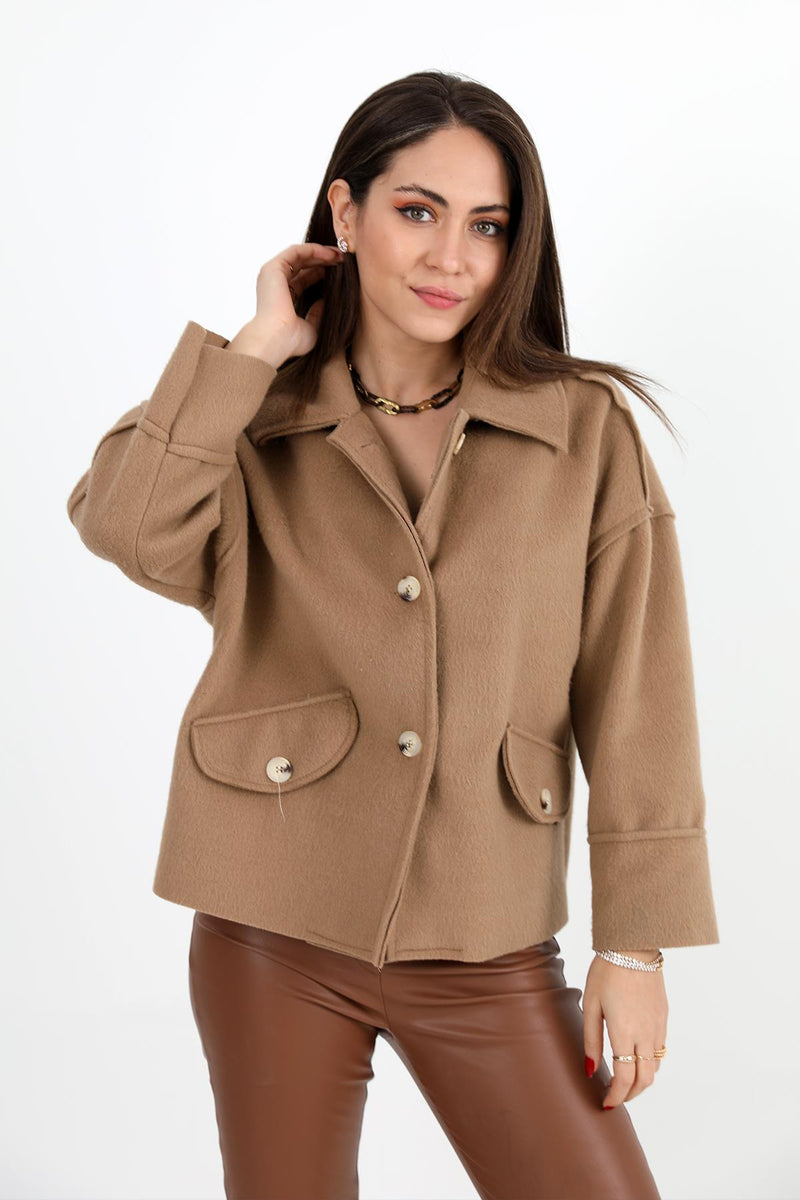 Women's Coat with Pocket Flap Button-Up Short - Camel - STREETMODE™