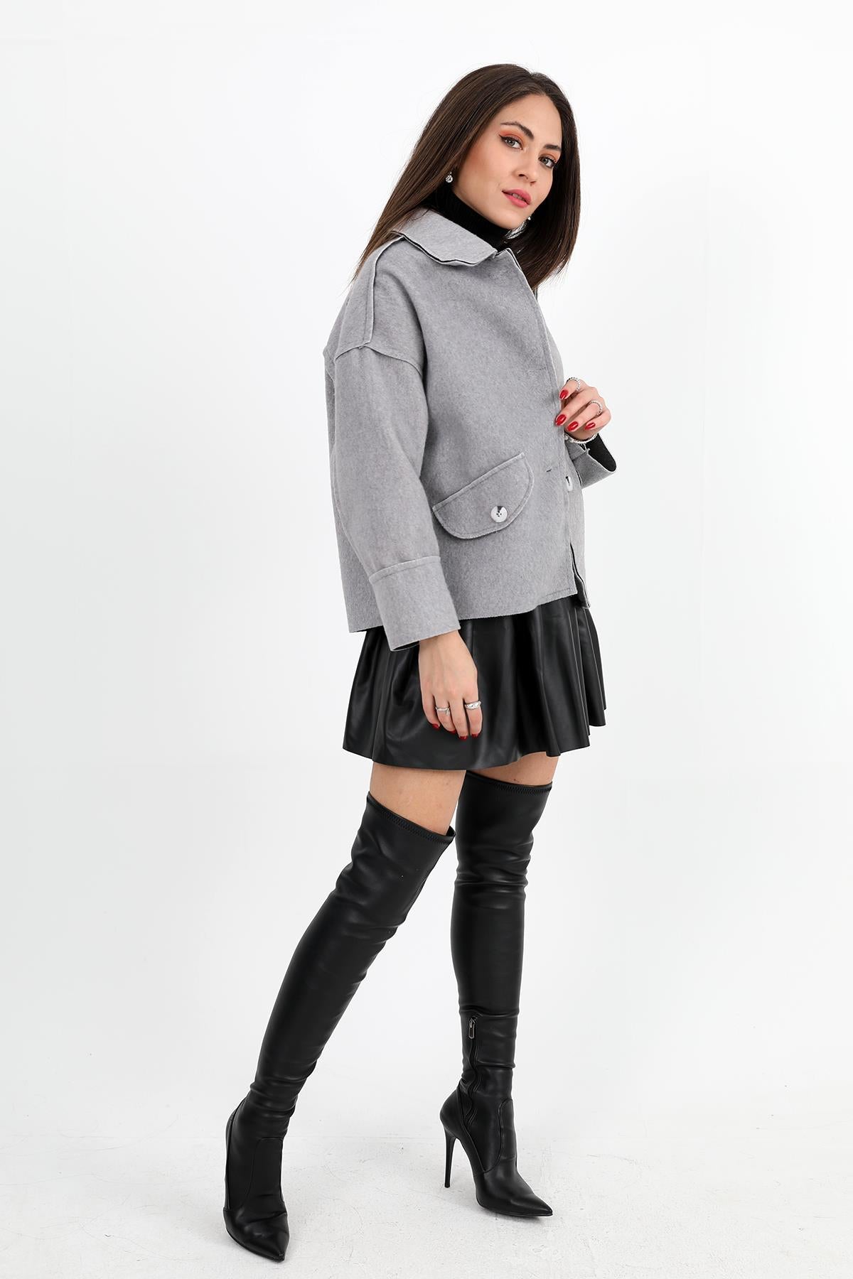 Women's Coat with Pocket Flap Button-Up Short - Gray - STREETMODE™