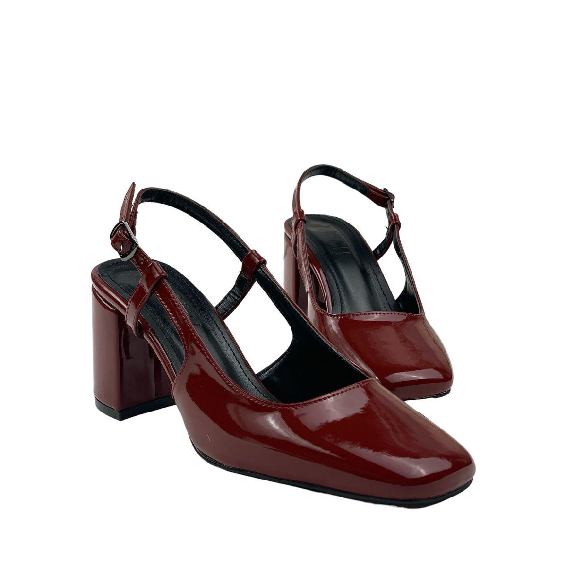 Women's Collar Claret Red Patent Leather Round Toe Open Back Sandals 8 Cm - STREETMODE™