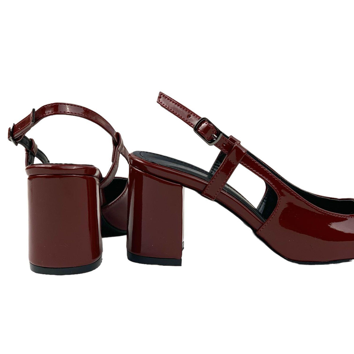 Women's Collar Claret Red Patent Leather Round Toe Open Back Sandals 8 Cm - STREETMODE™