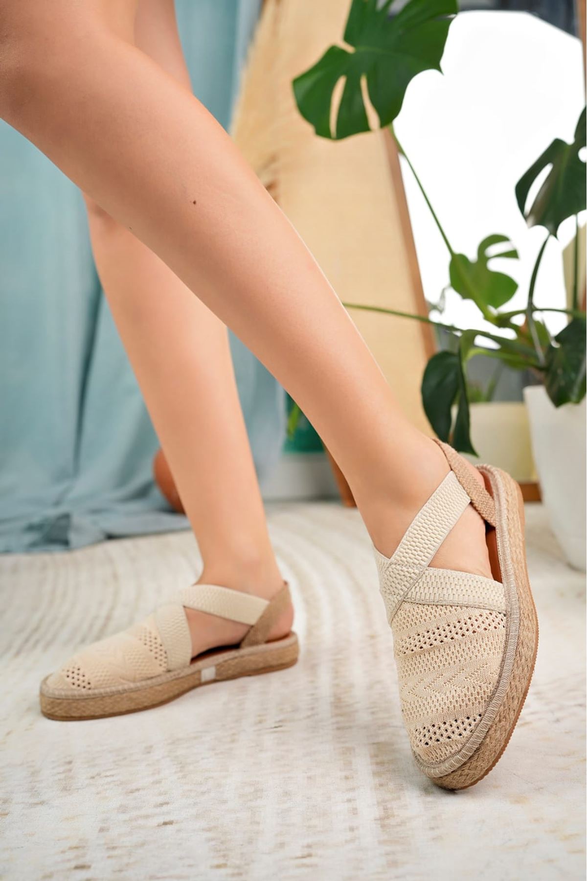 Women's Cream Closed Toe Elastic Knitwear Sandals - STREETMODE™