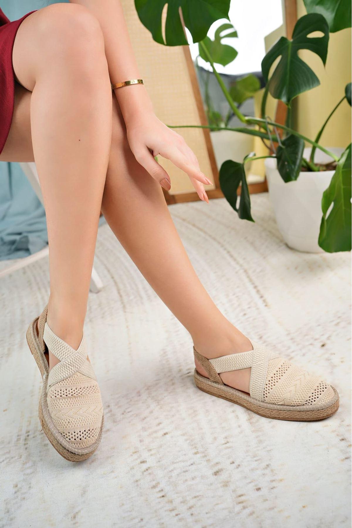 Women's Cream Closed Toe Elastic Knitwear Sandals - STREETMODE™