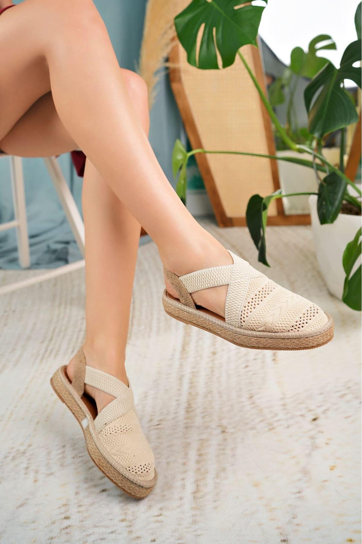 Women's Cream Closed Toe Elastic Knitwear Sandals - STREETMODE™