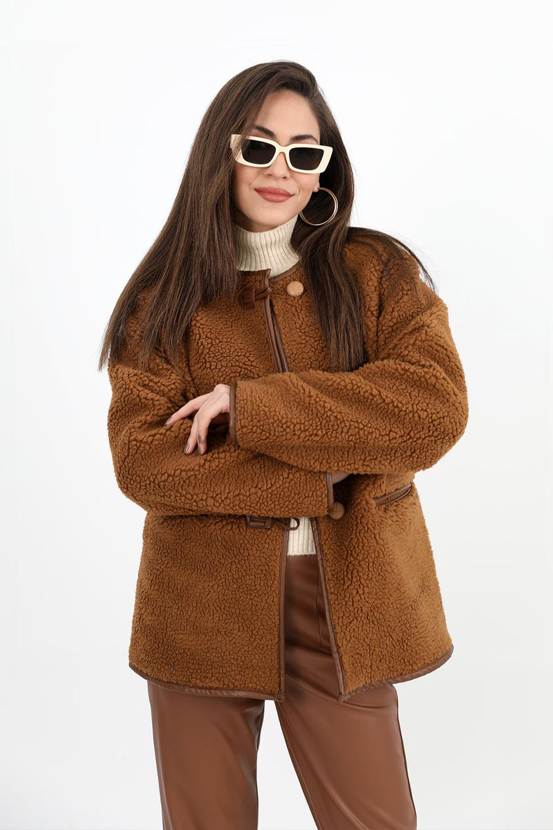 Women's Crew Neck Curly Jacket - Camel - STREETMODE™