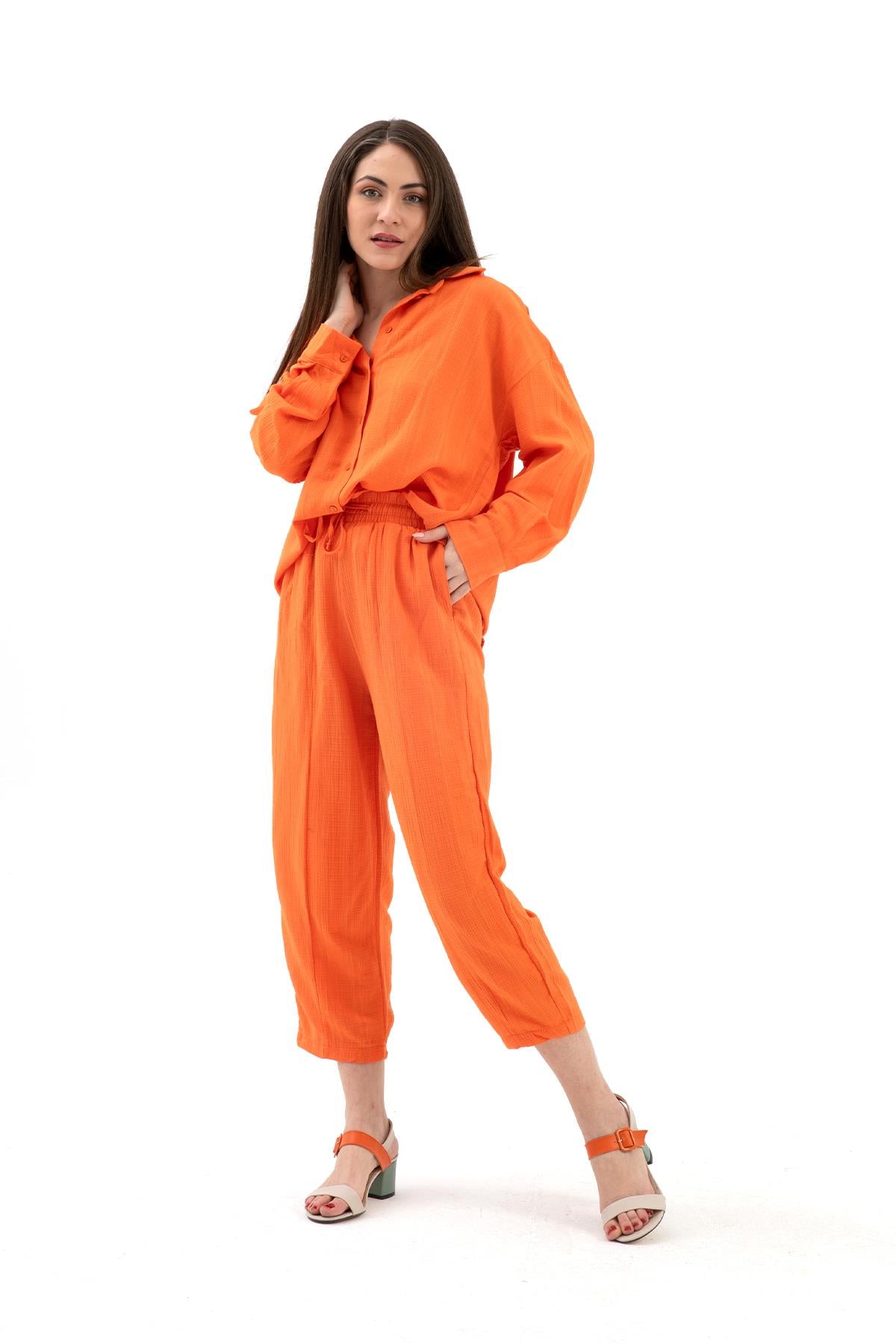 Women's Crinkle Fabric Linen Double Set - Orange - STREETMODE™