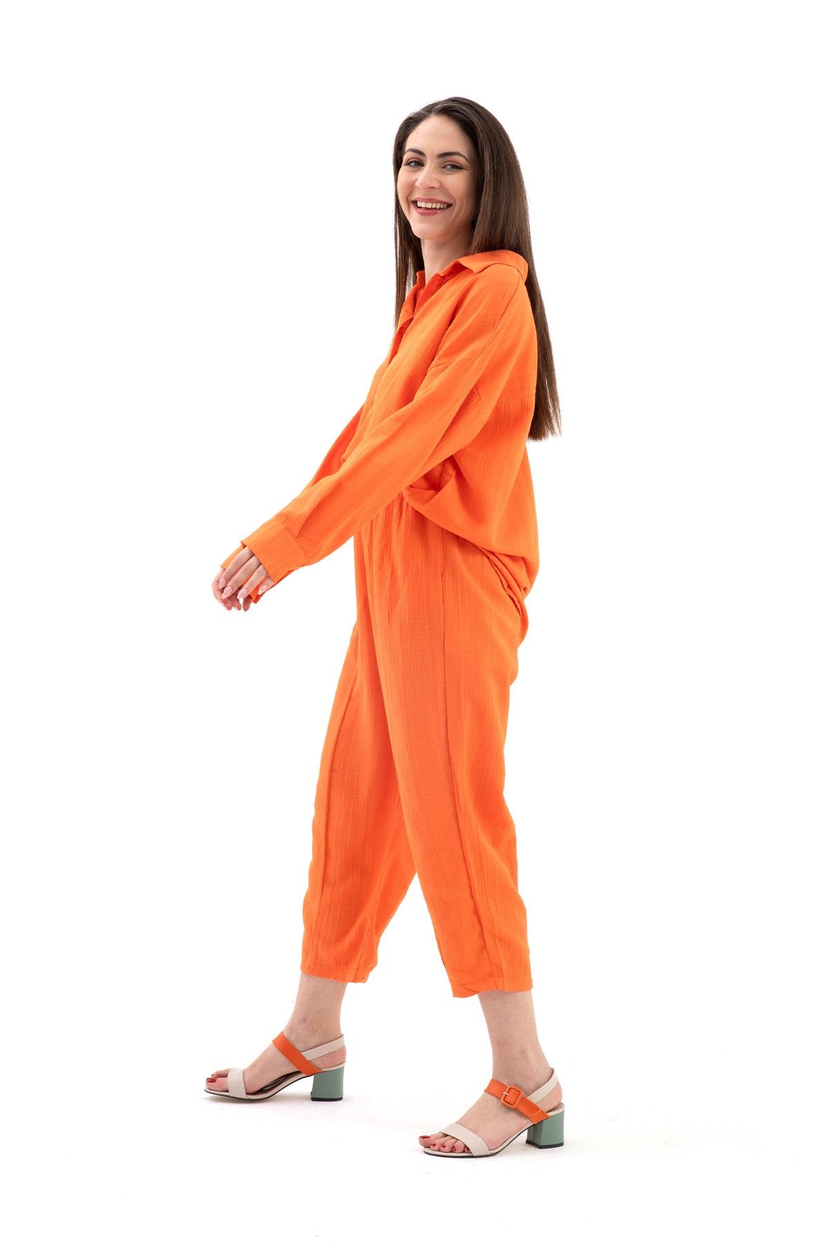 Women's Crinkle Fabric Linen Double Set - Orange - STREETMODE™