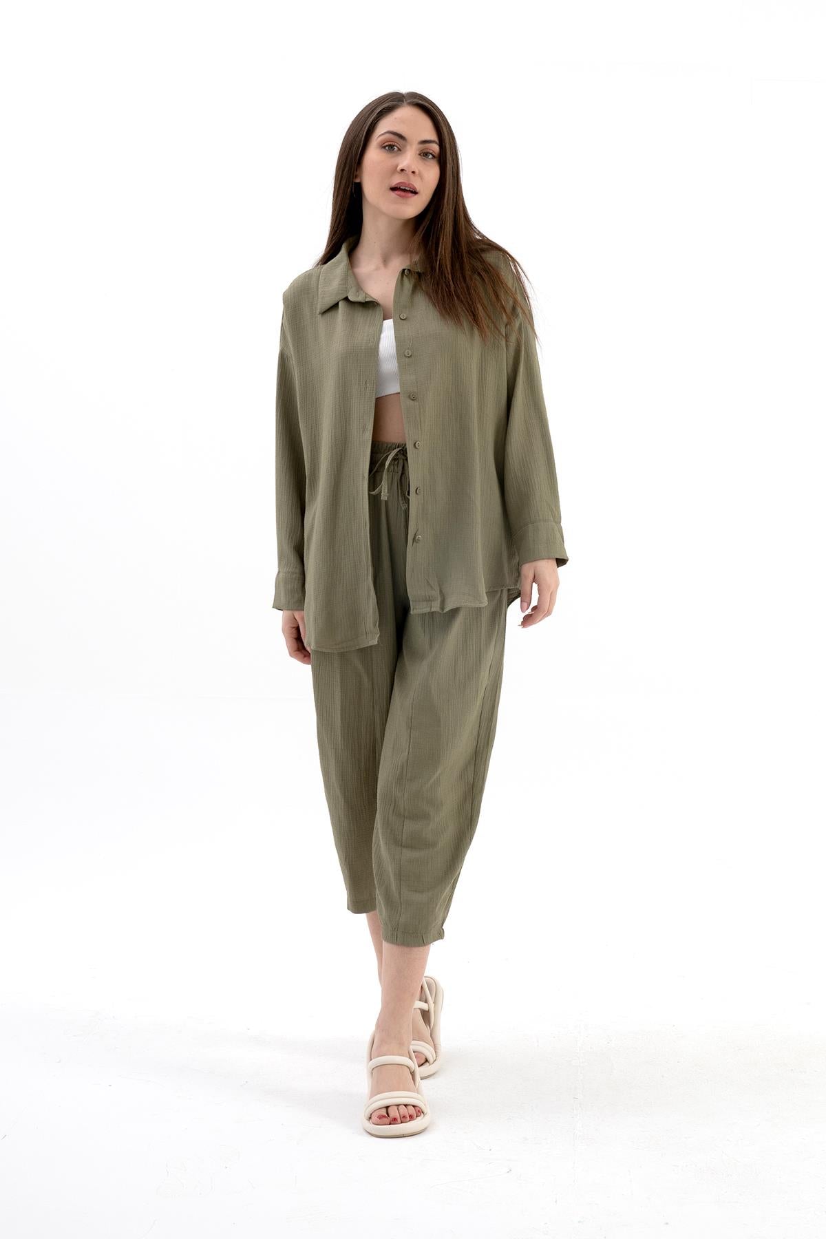 Women's Crinkle Fabric Linen Two-piece Set - Khaki - STREETMODE™