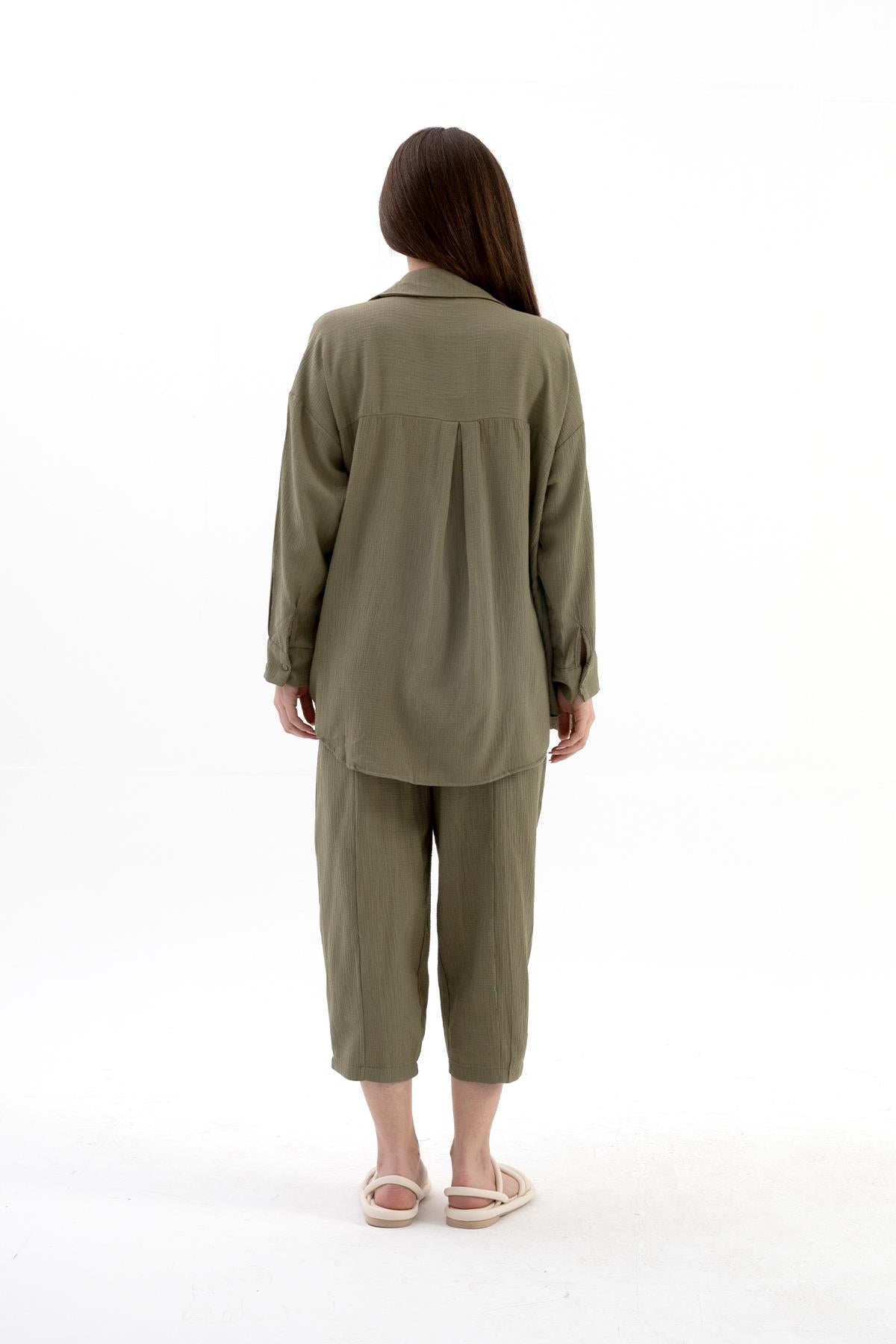 Women's Crinkle Fabric Linen Two-piece Set - Khaki - STREETMODE™