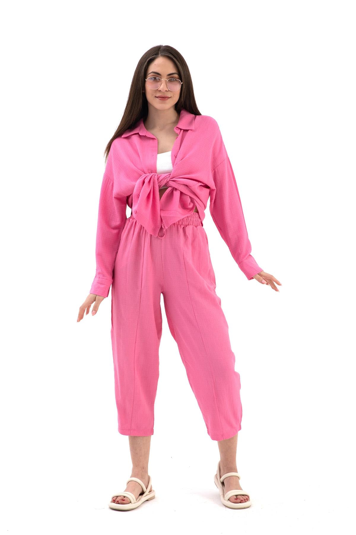 Women's Crinkle Fabric Linen Two-piece Set - Pink - STREETMODE™