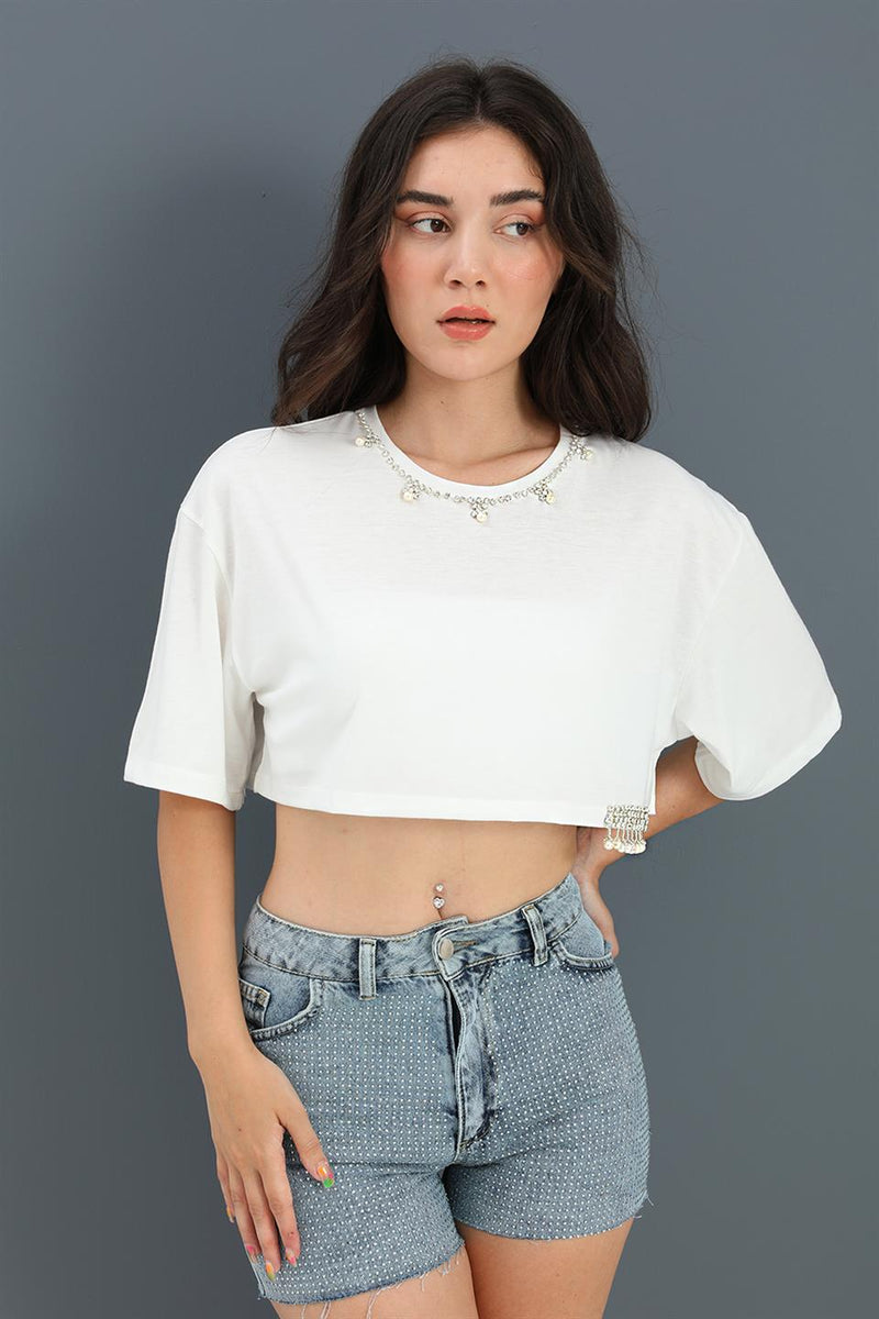 Women's Crop Crew Neck Pearl Detailed - White - STREETMODE™