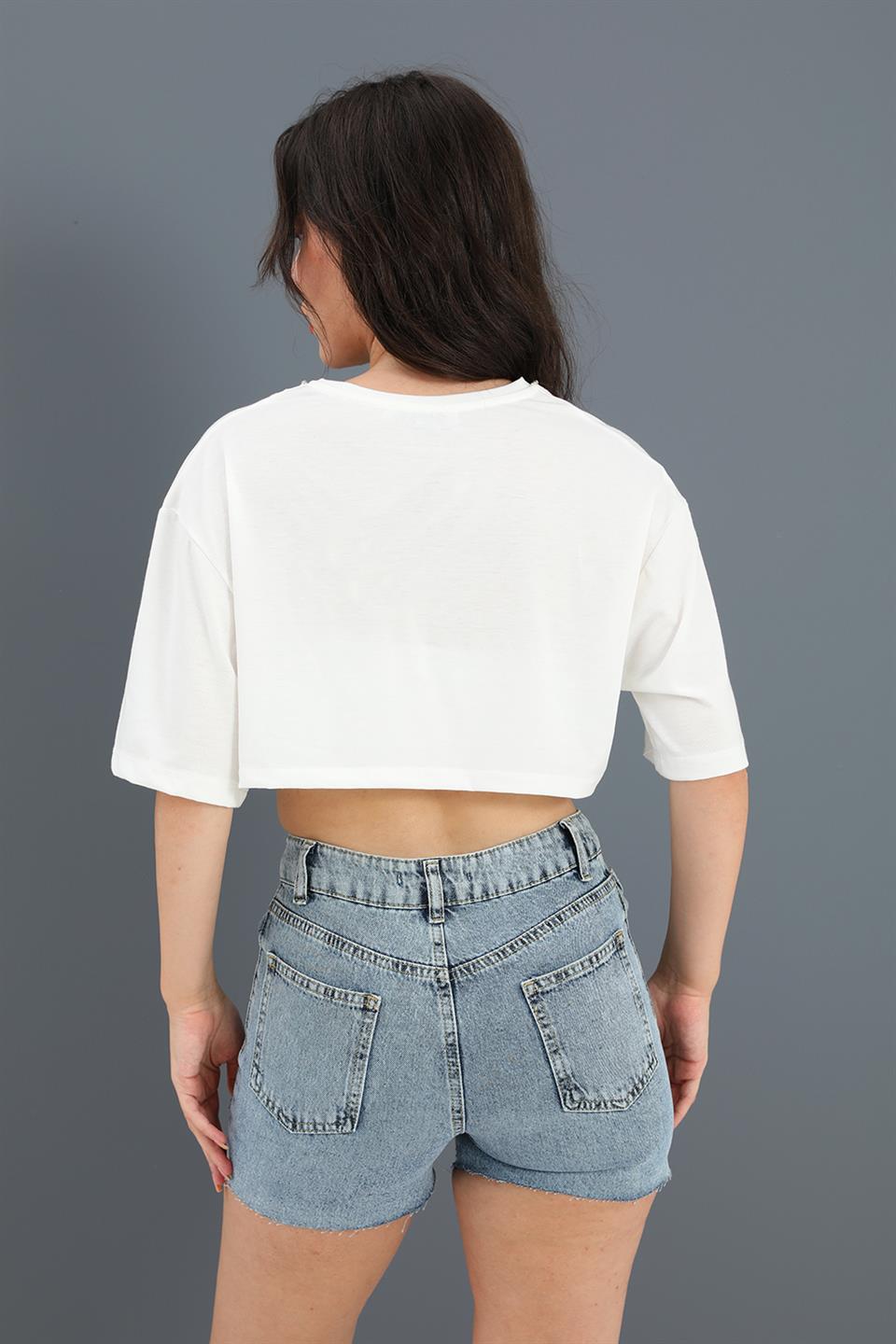 Women's Crop Crew Neck Pearl Detailed - White - STREETMODE™