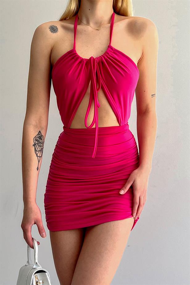 Women's Cross Back Side Gathered Dress Fuchsia - STREETMODE™