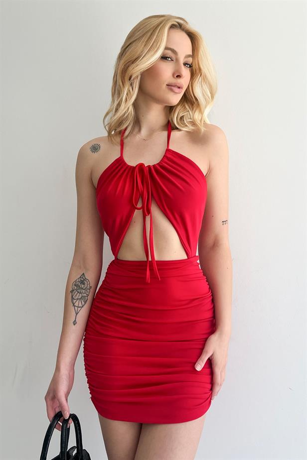 Women's Cross Back Side Gathered Dress Red - STREETMODE™