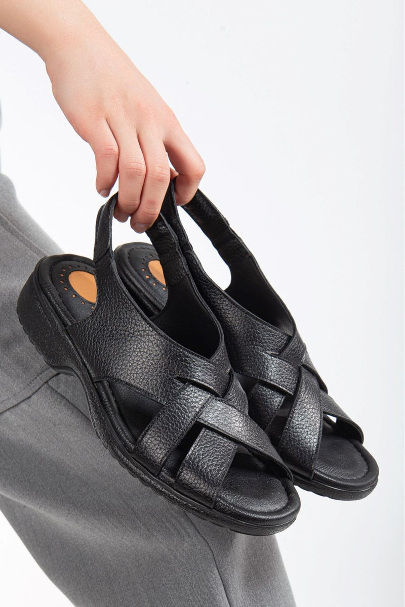 Women's Cross Genuine Leather Black Orthopedic Sole Sandals - STREETMODE™