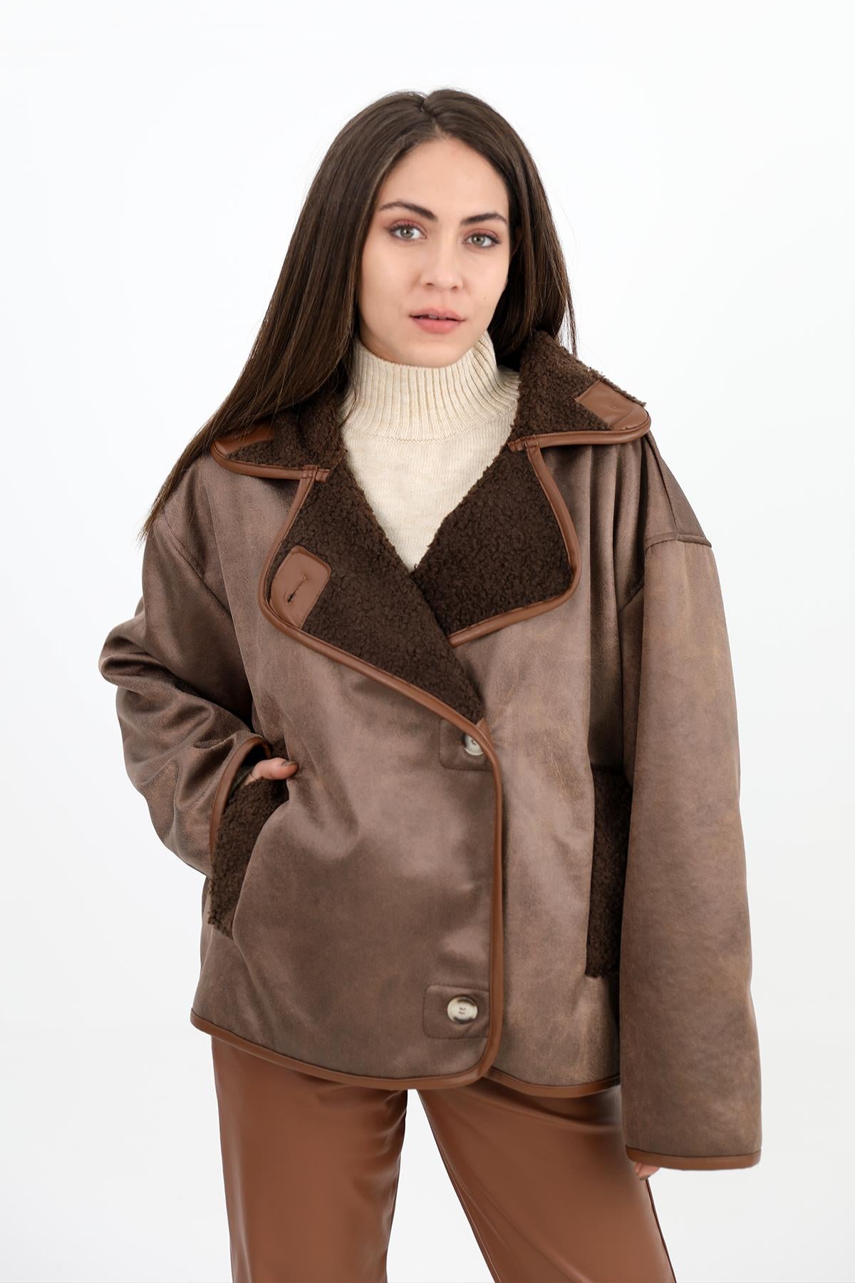 Women's Curly Pocket Leather Button Jacket - Brown - STREETMODE™