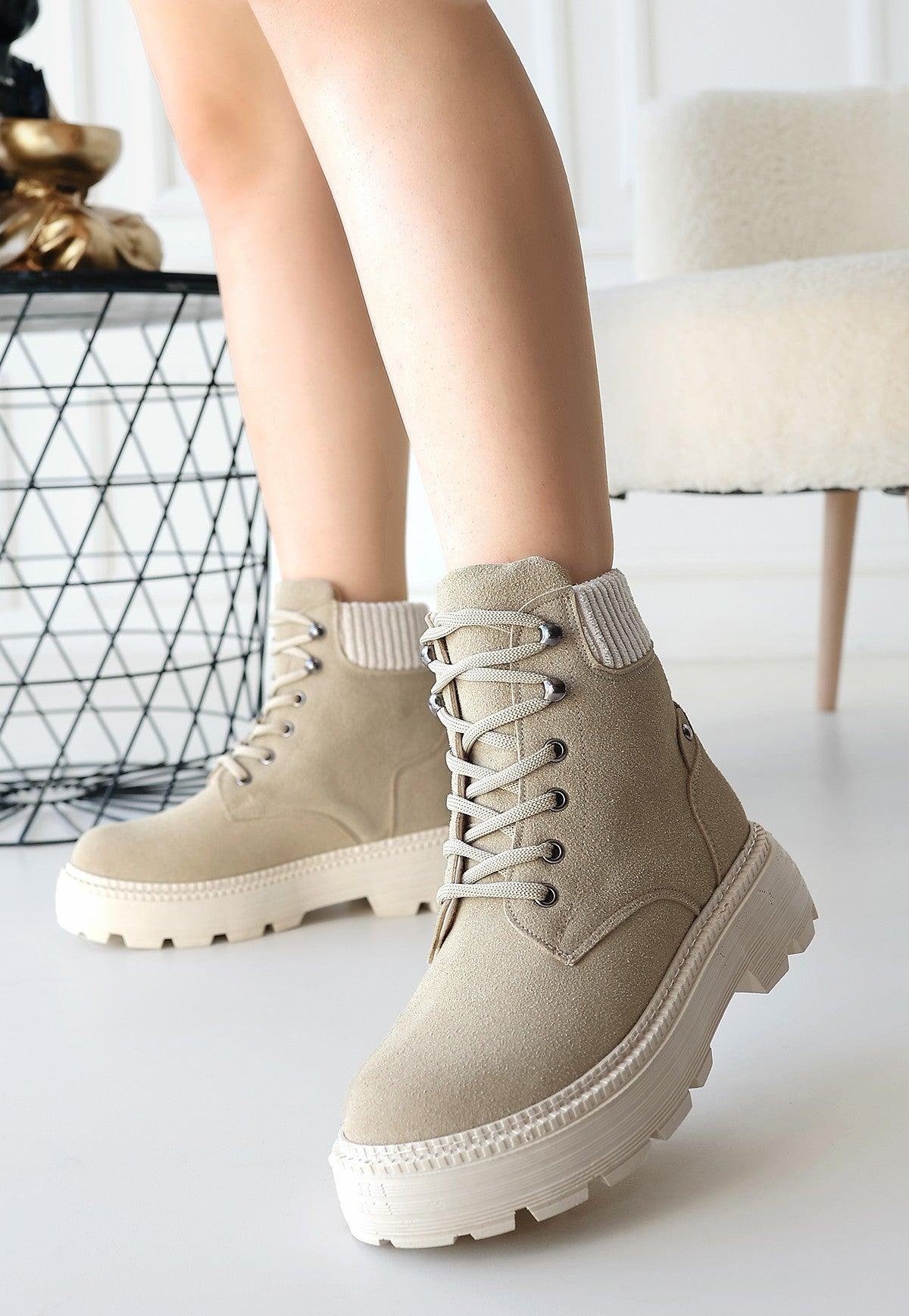 Women's Dark Beige Lace-Up Boots - STREETMODE™