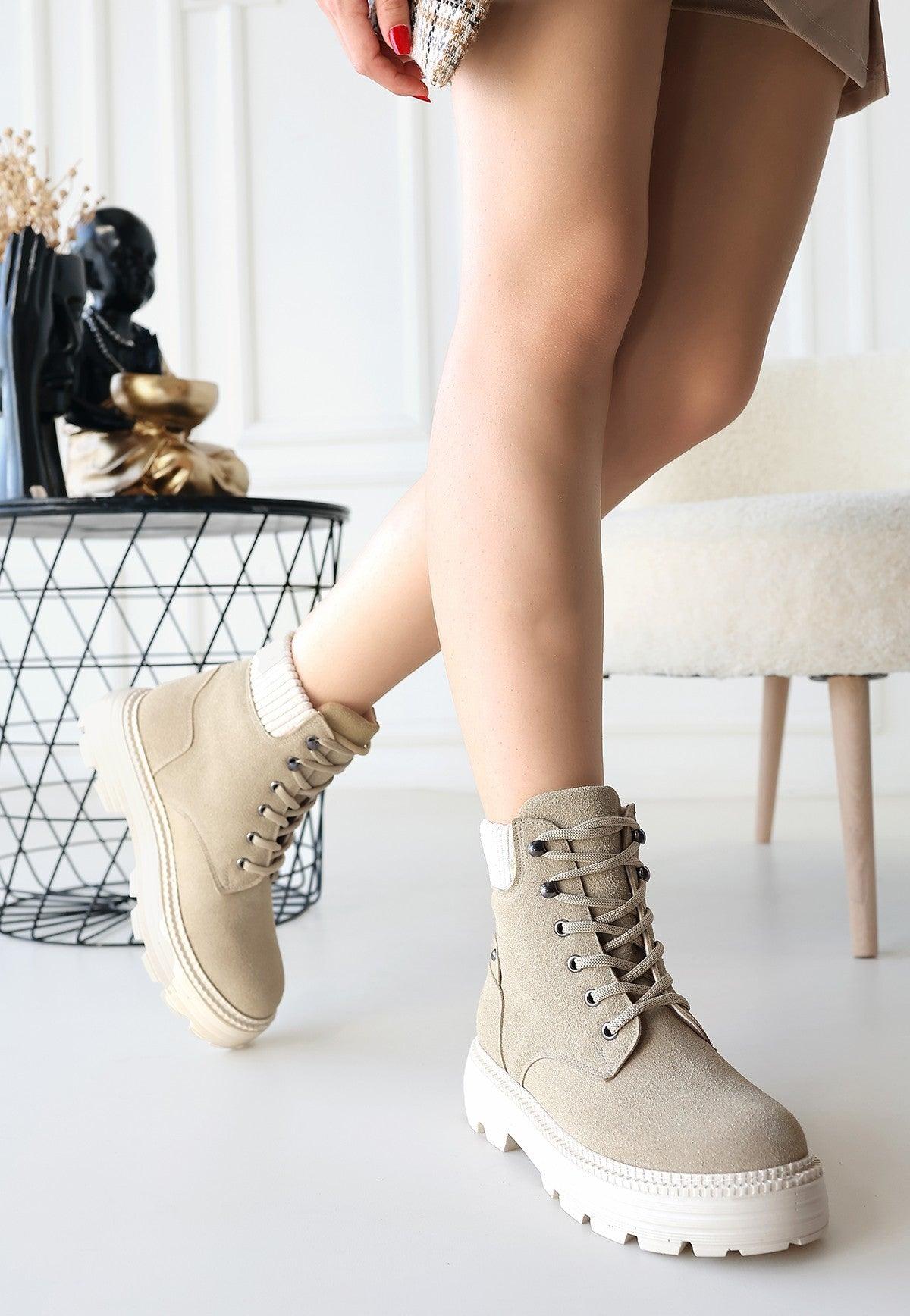 Women's Dark Beige Lace-Up Boots - STREETMODE™