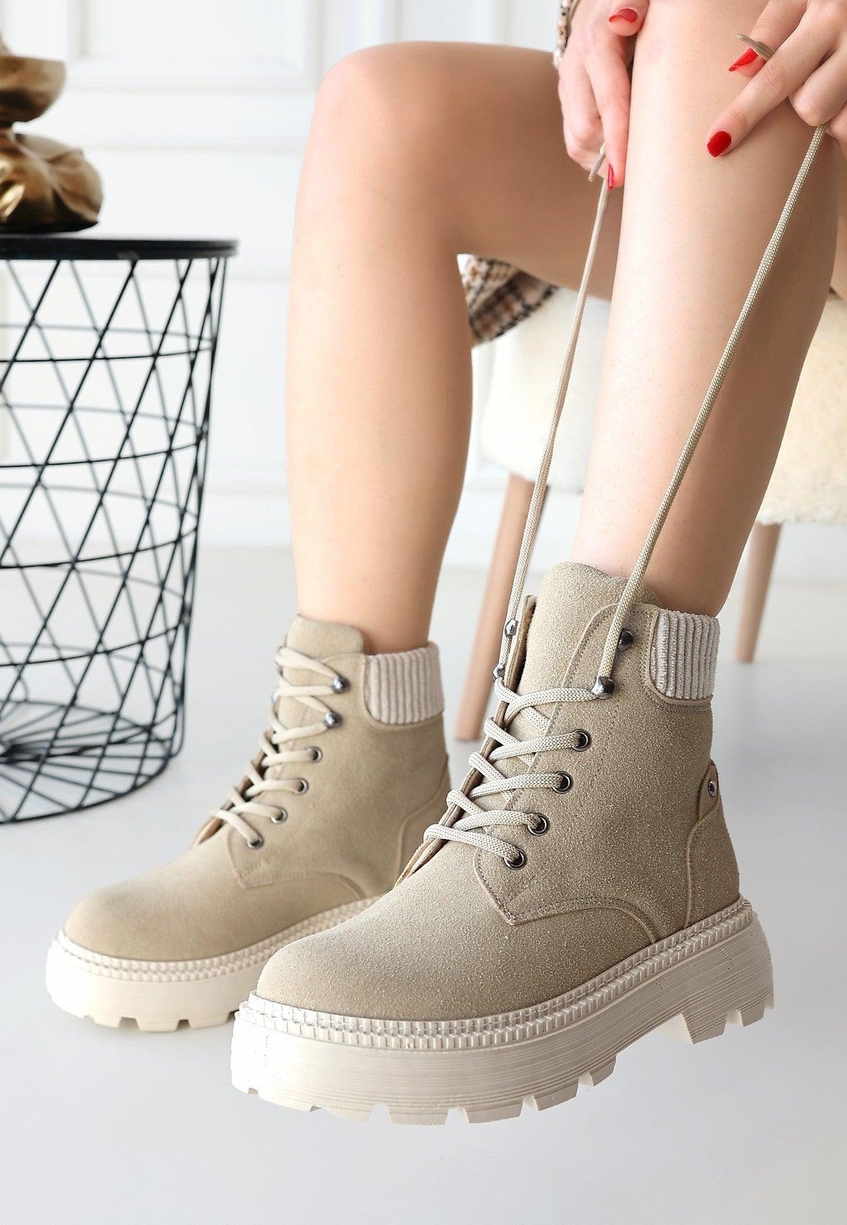 Women's Dark Beige Lace-Up Boots - STREETMODE™