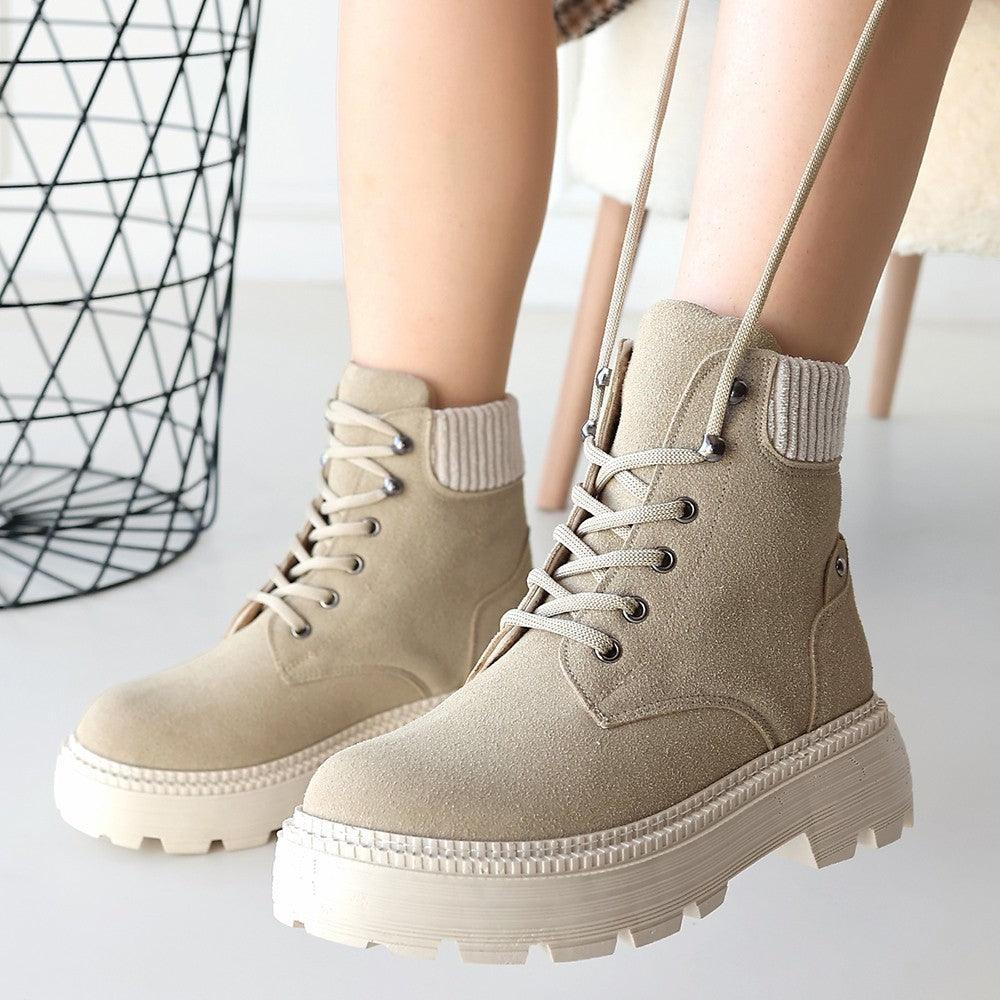 Women's Dark Beige Lace-Up Boots - STREETMODE™