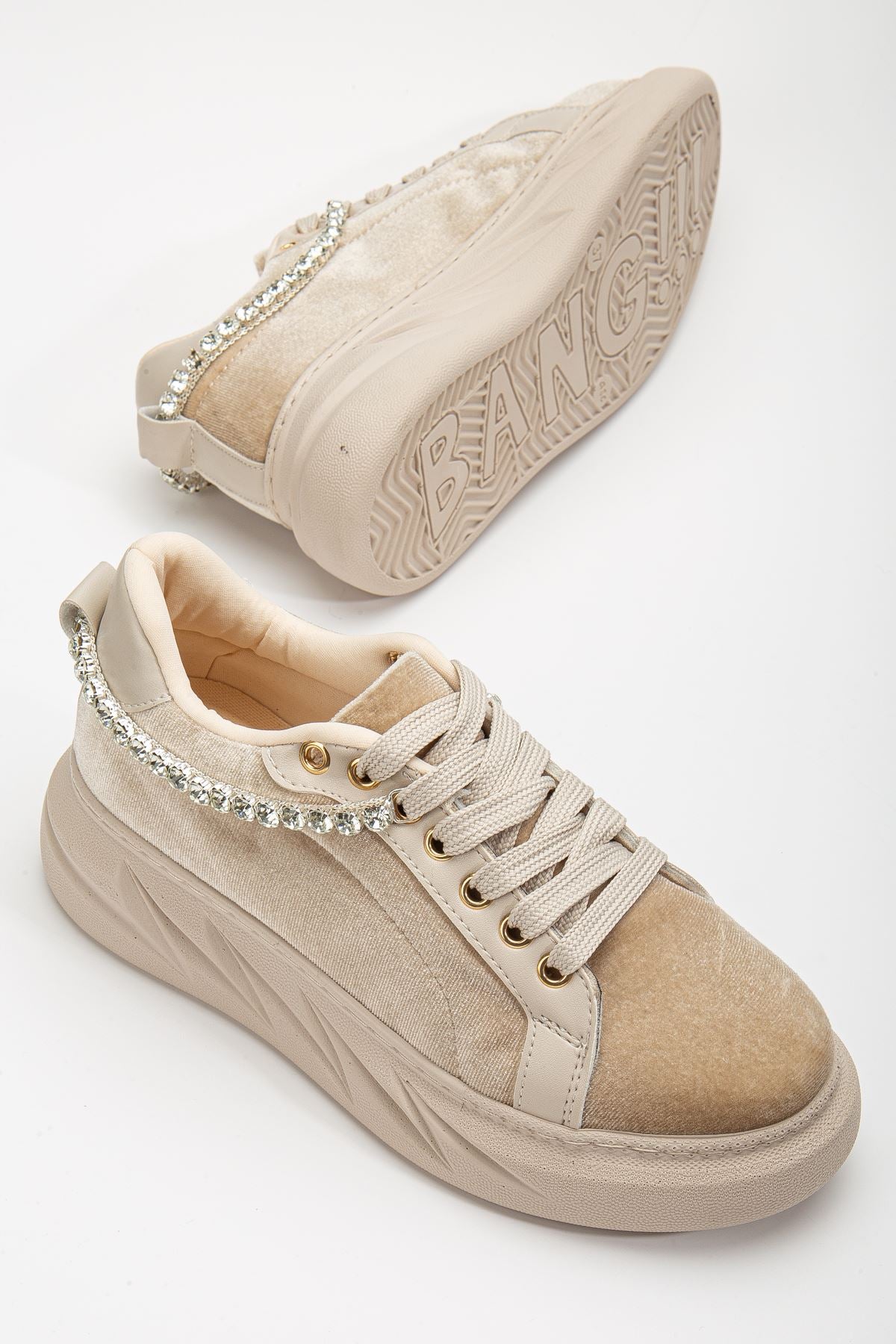 Women's Deena Beige Velvet Thick Sole Stone Detailed Sneakers - STREETMODE™