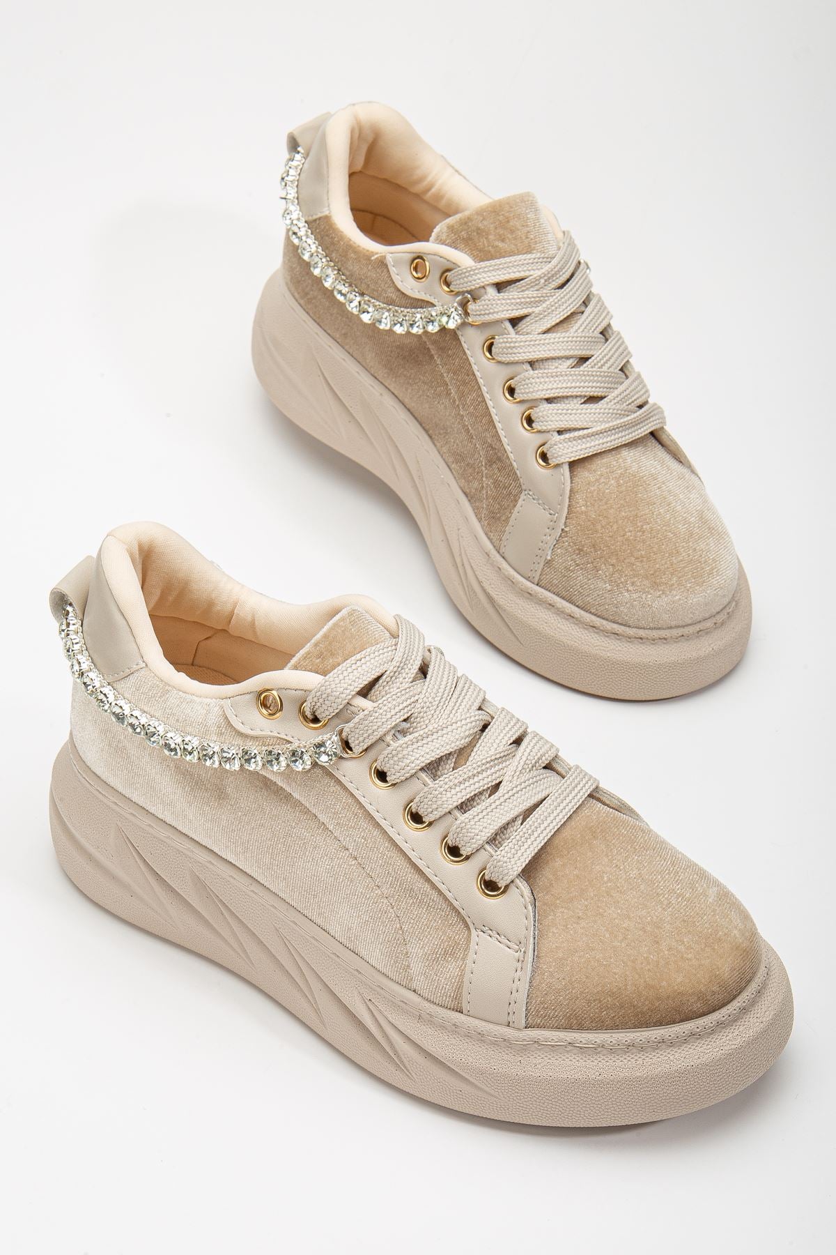 Women's Deena Beige Velvet Thick Sole Stone Detailed Sneakers - STREETMODE™