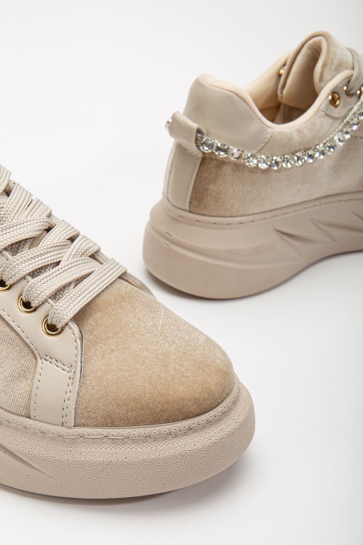 Women's Deena Beige Velvet Thick Sole Stone Detailed Sneakers - STREETMODE™