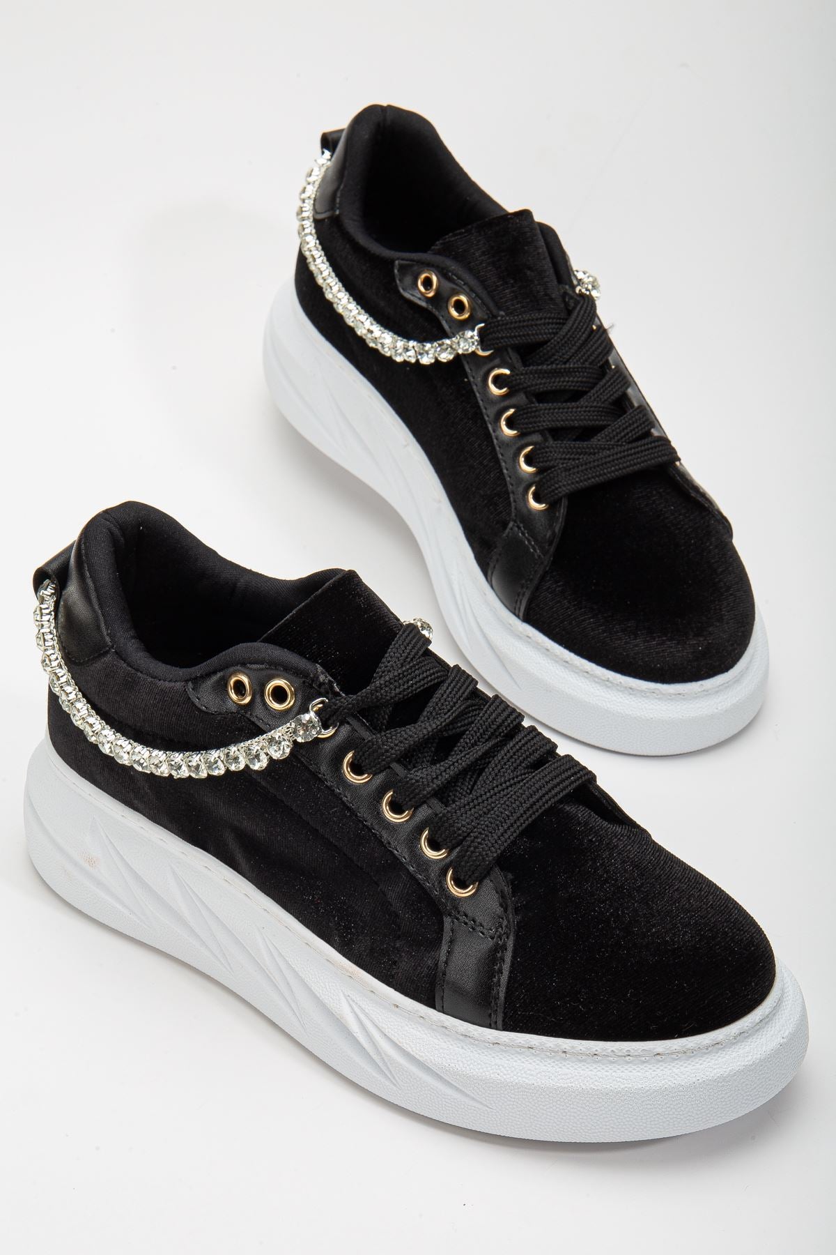 Women's Deena Black Velvet Thick Sole Stone Detailed Sneakers - STREETMODE™