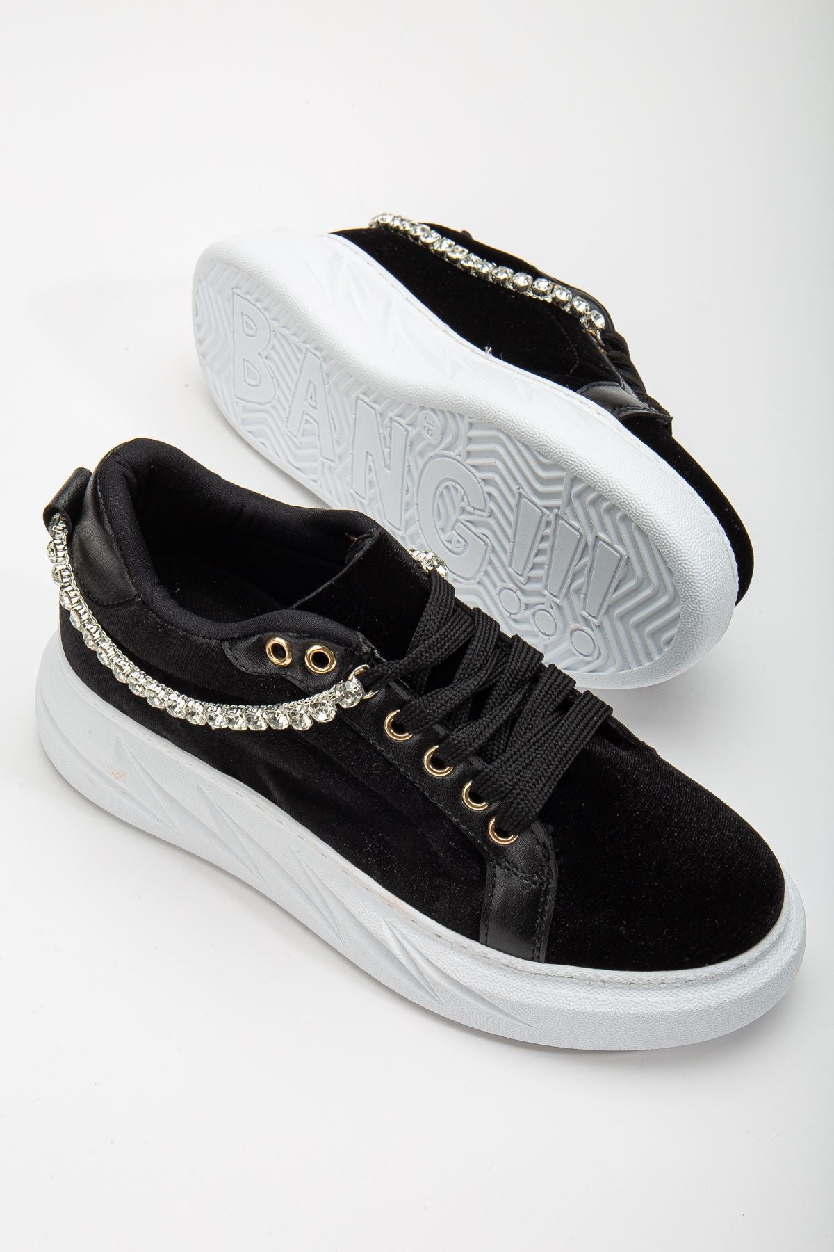 Women's Deena Black Velvet Thick Sole Stone Detailed Sneakers - STREETMODE™