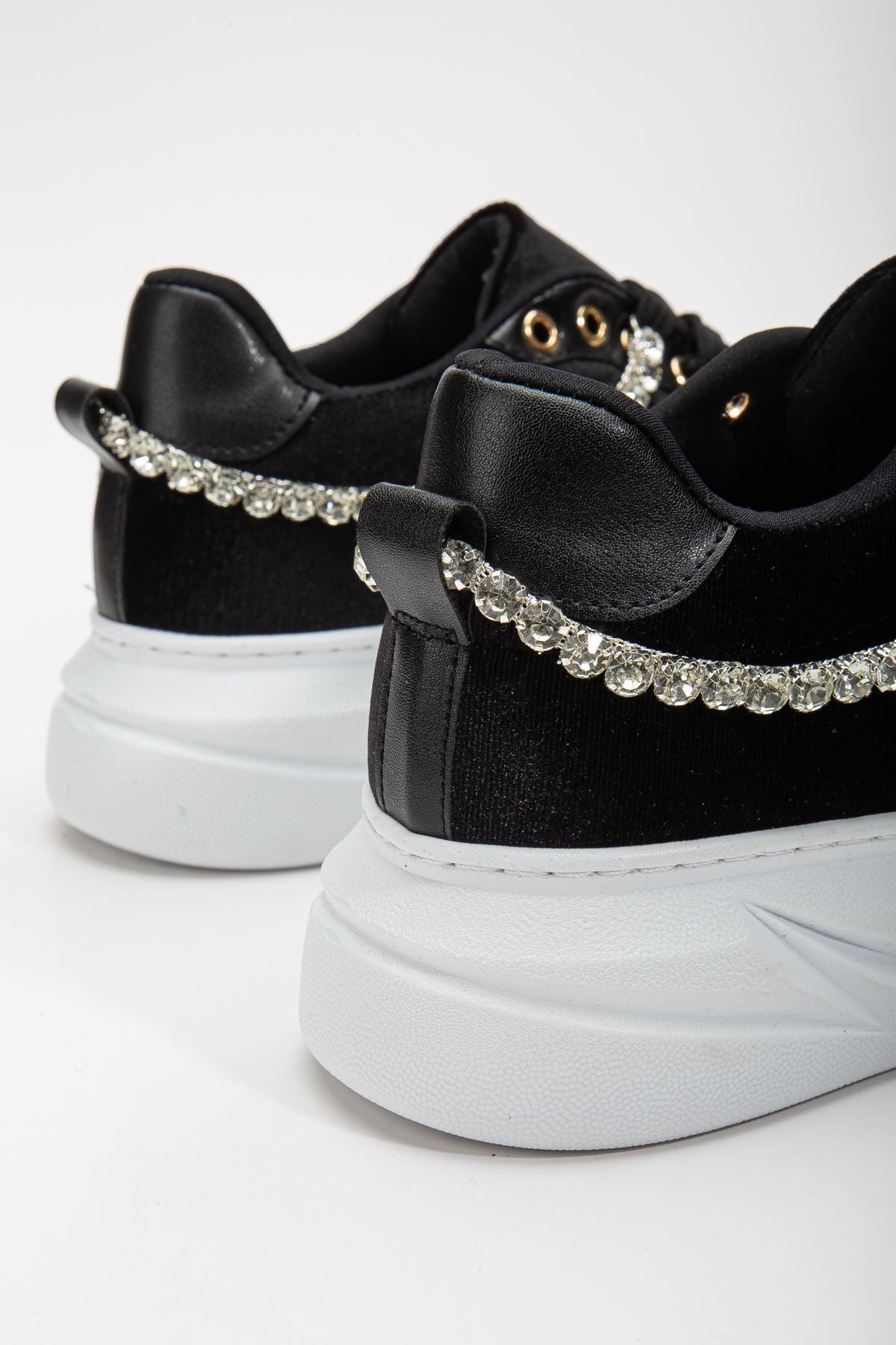 Women's Deena Black Velvet Thick Sole Stone Detailed Sneakers - STREETMODE™