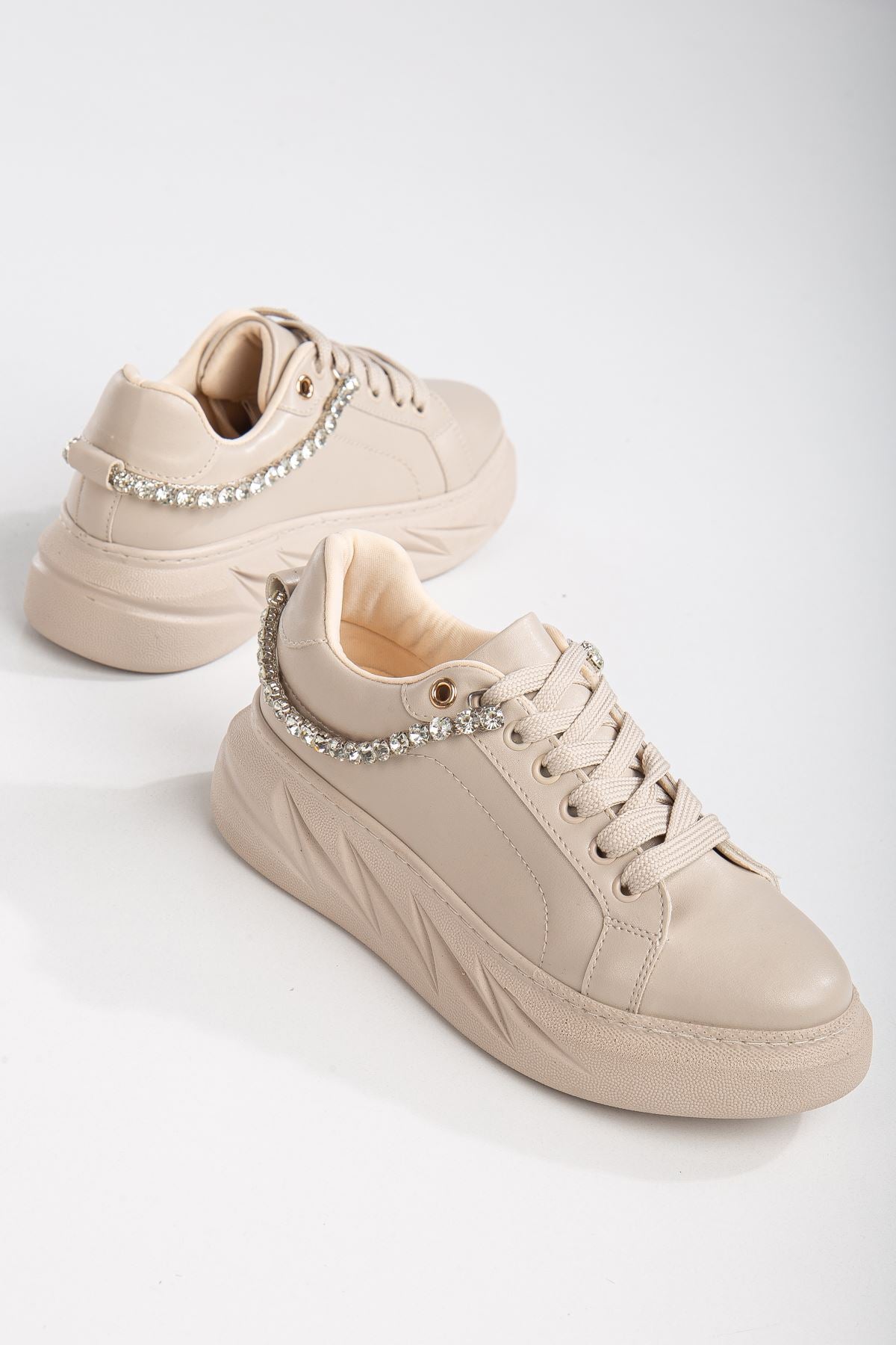 Women's Deena Cream Thick Sole Stone Detailed Sneakers - STREETMODE™