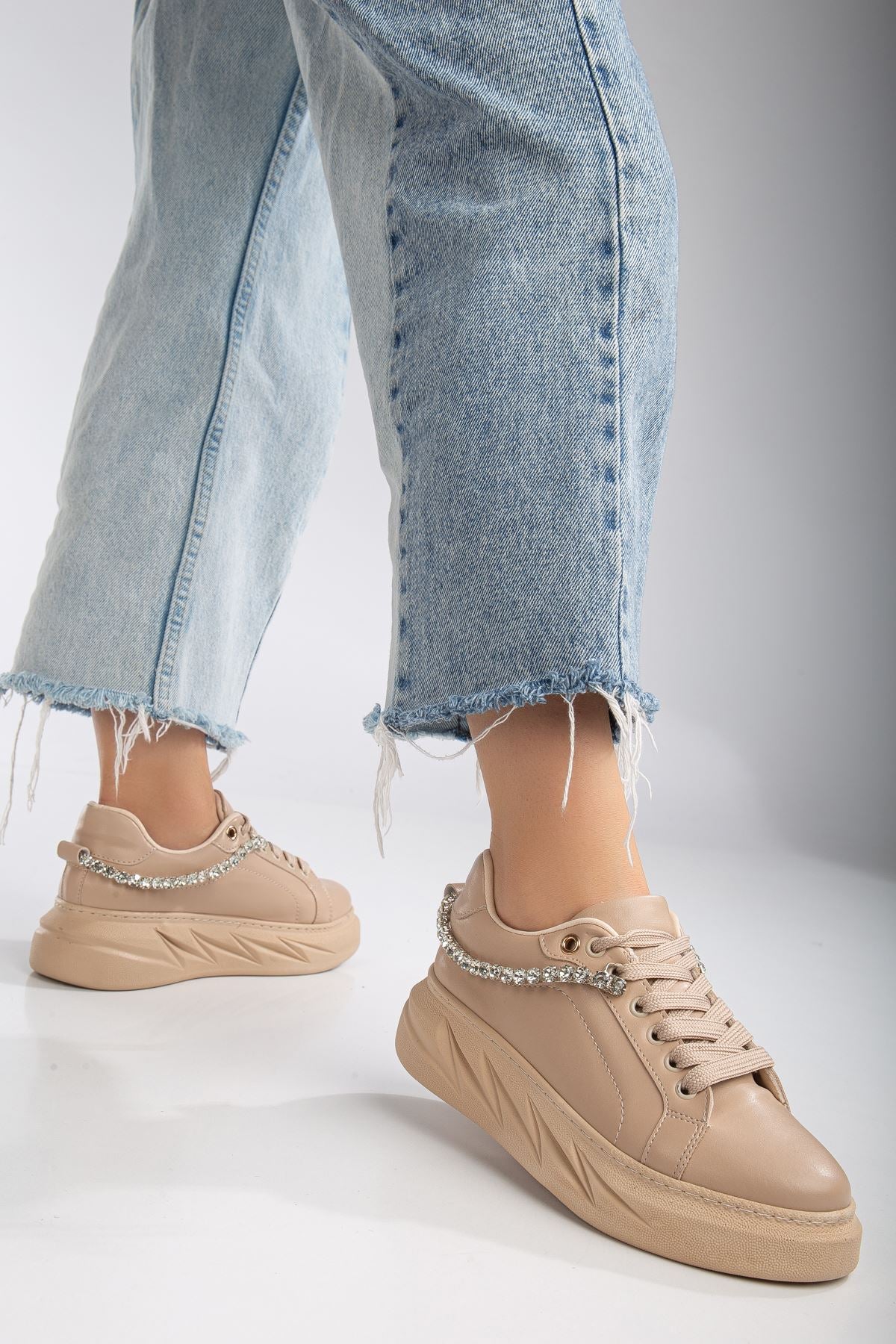 Women's Deena Nude Thick Sole Stone Detailed Sneakers - STREETMODE™