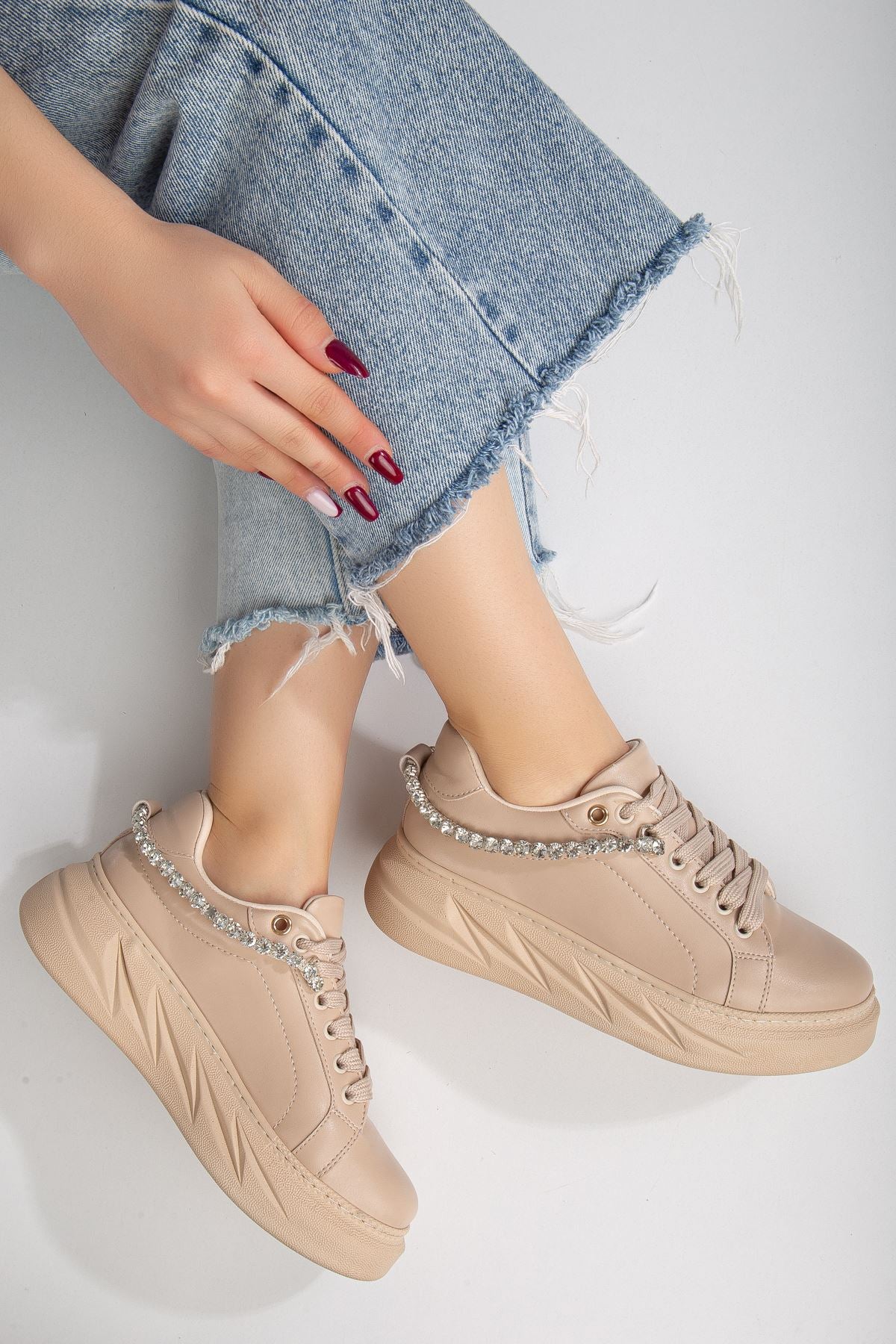 Women's Deena Nude Thick Sole Stone Detailed Sneakers - STREETMODE™