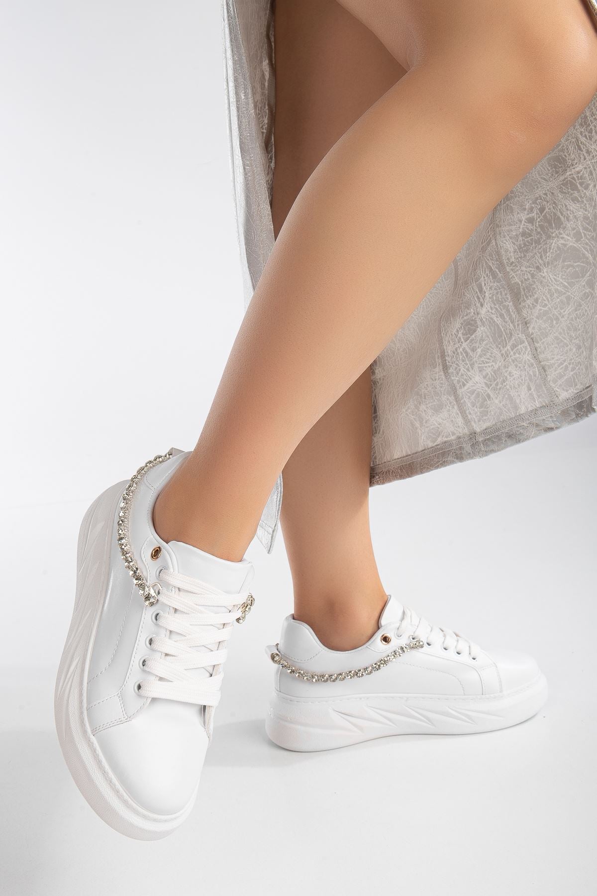 Women's Deena White Thick Sole Stone Detailed Sneakers - STREETMODE™