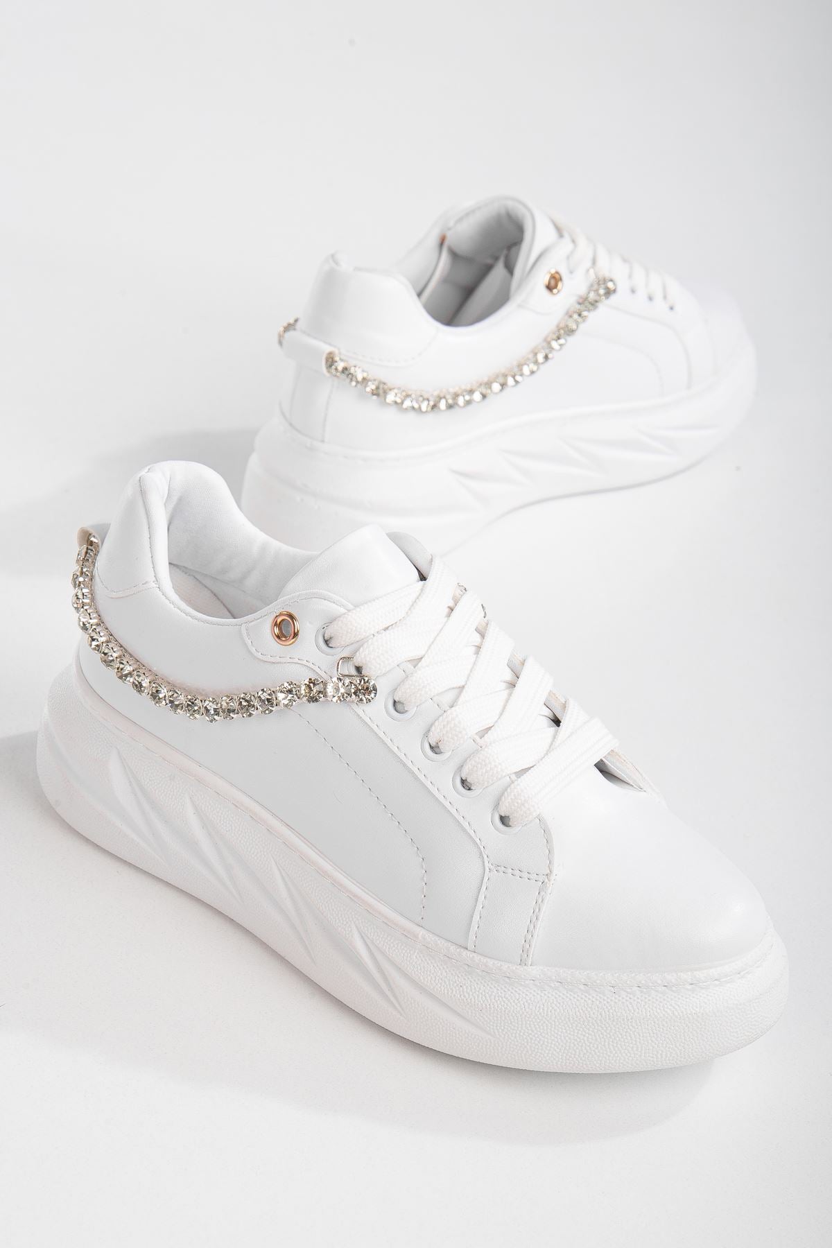 Women's Deena White Thick Sole Stone Detailed Sneakers - STREETMODE™