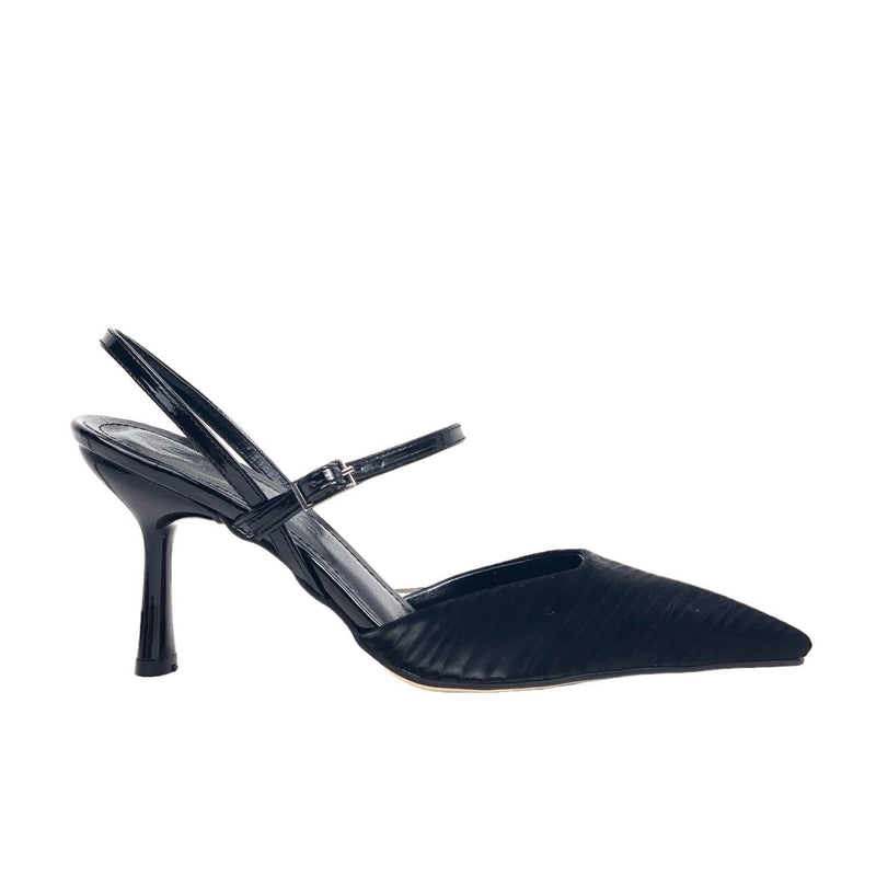 Women's Denim Black Thin Heel Ankle Strap Wrinkled Material Shoes 8 Cm - STREETMODE™