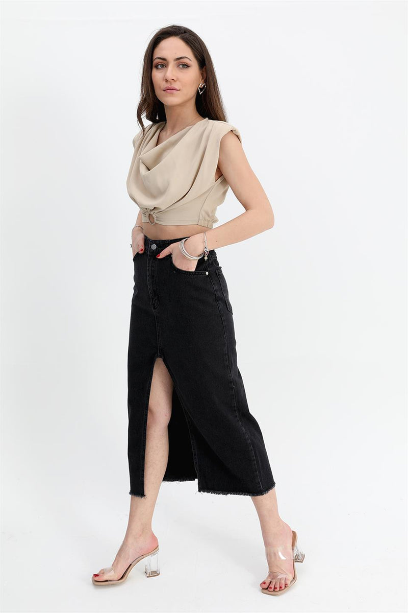 Women's Denim Skirt Front Slit Skirt Tasseled - Black - STREETMODE™
