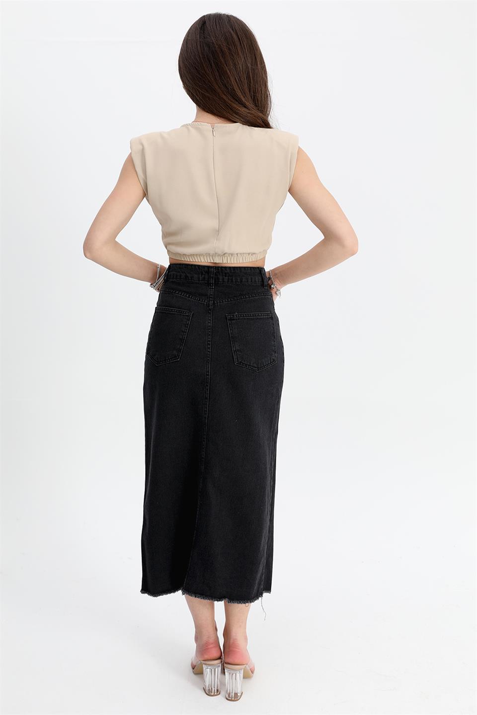 Women's Denim Skirt Front Slit Skirt Tasseled - Black - STREETMODE™