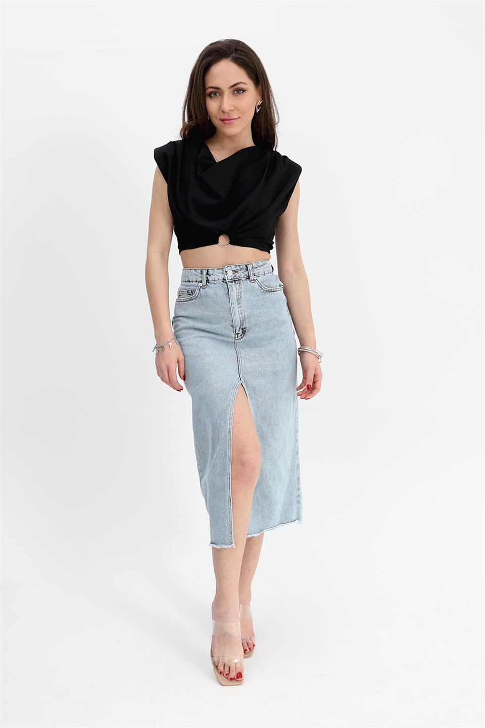 Women's Denim Skirt Front Slit Skirt Tasseled - Blue - STREETMODE™