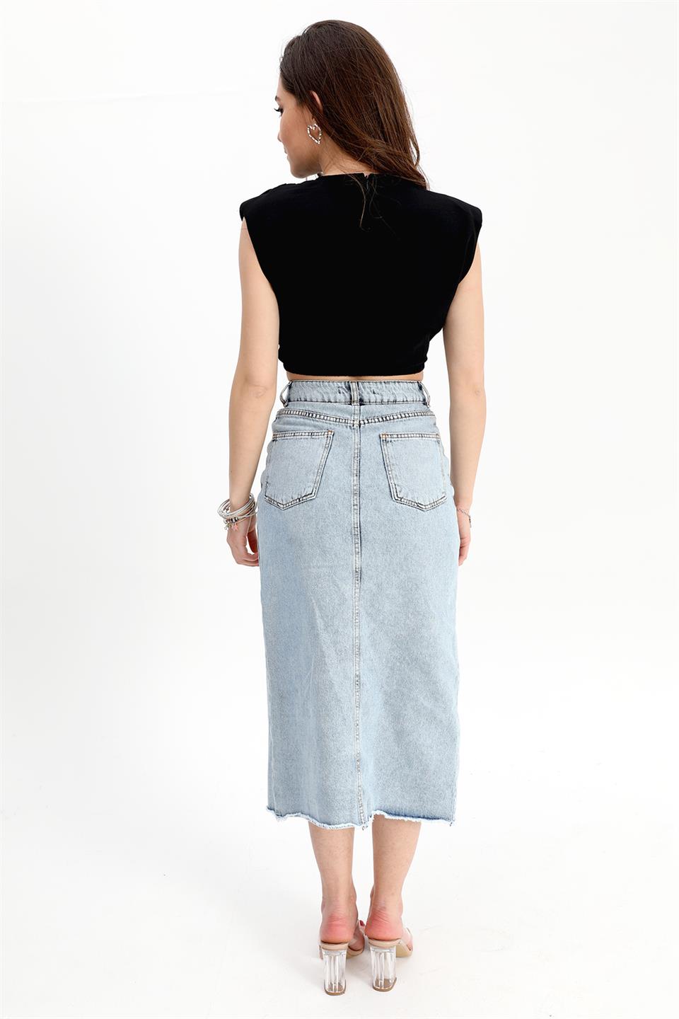 Women's Denim Skirt Front Slit Skirt Tasseled - Blue - STREETMODE™
