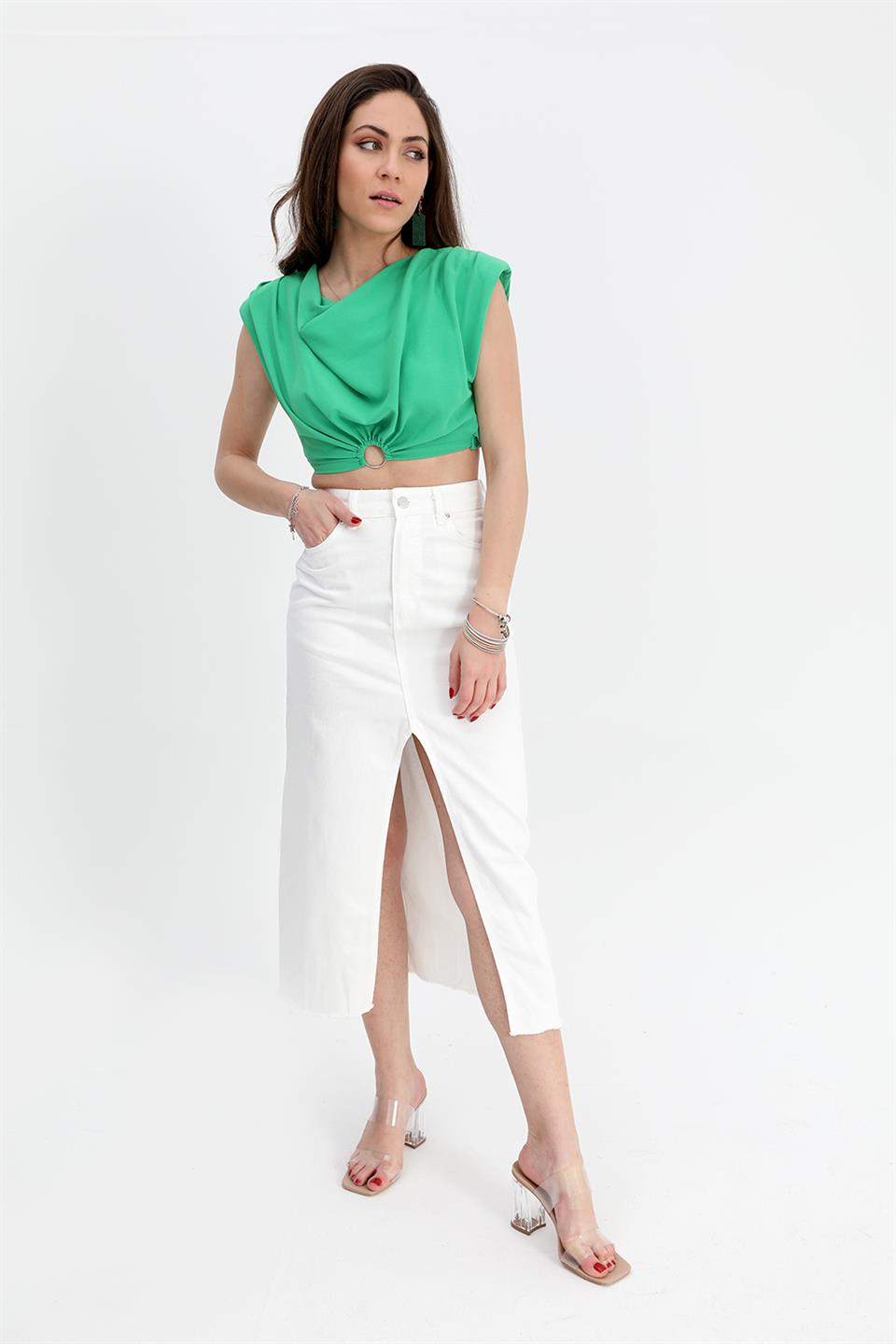 Women's Denim Skirt Front Slit Skirt Tasseled - White - STREETMODE™