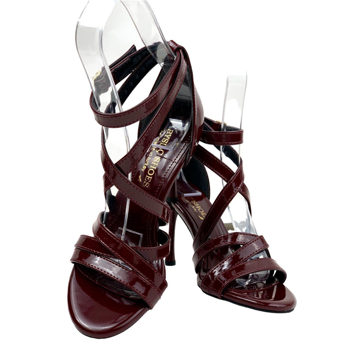 Women's Densa Burgundy Patent Leather Thin Heeled Tape Detailed Ankle Lacing Shoes 10cm - STREETMODE™
