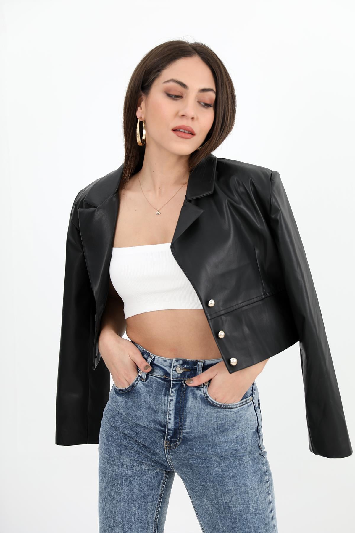 Women's Double Breasted Collar Padded Buttoned Short Leather Jacket - Black - STREETMODE™